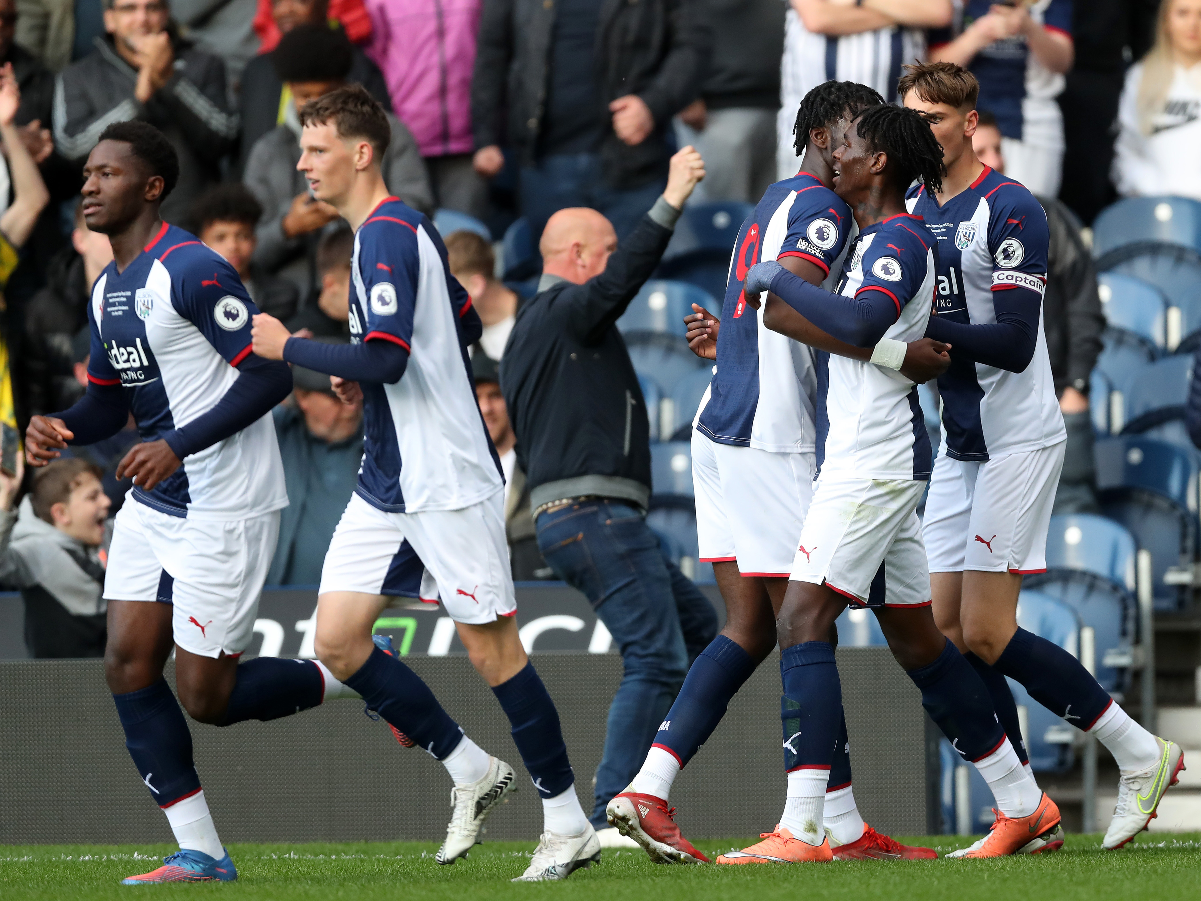 Albion's youngsters celebrate Quevin Castro's goal against Wolves in the PL Cup final