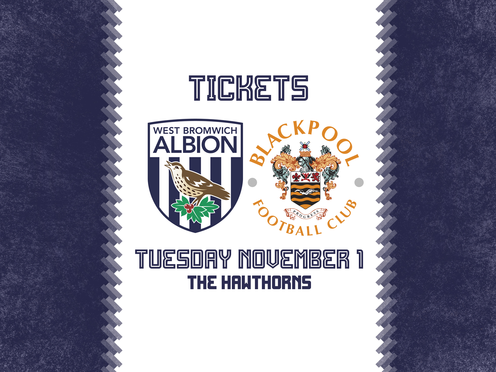 A graphic showing the badges of West Bromwich Albion and Blackpool and the date they will play each other (November 1, 2022 at The Hawthorns)