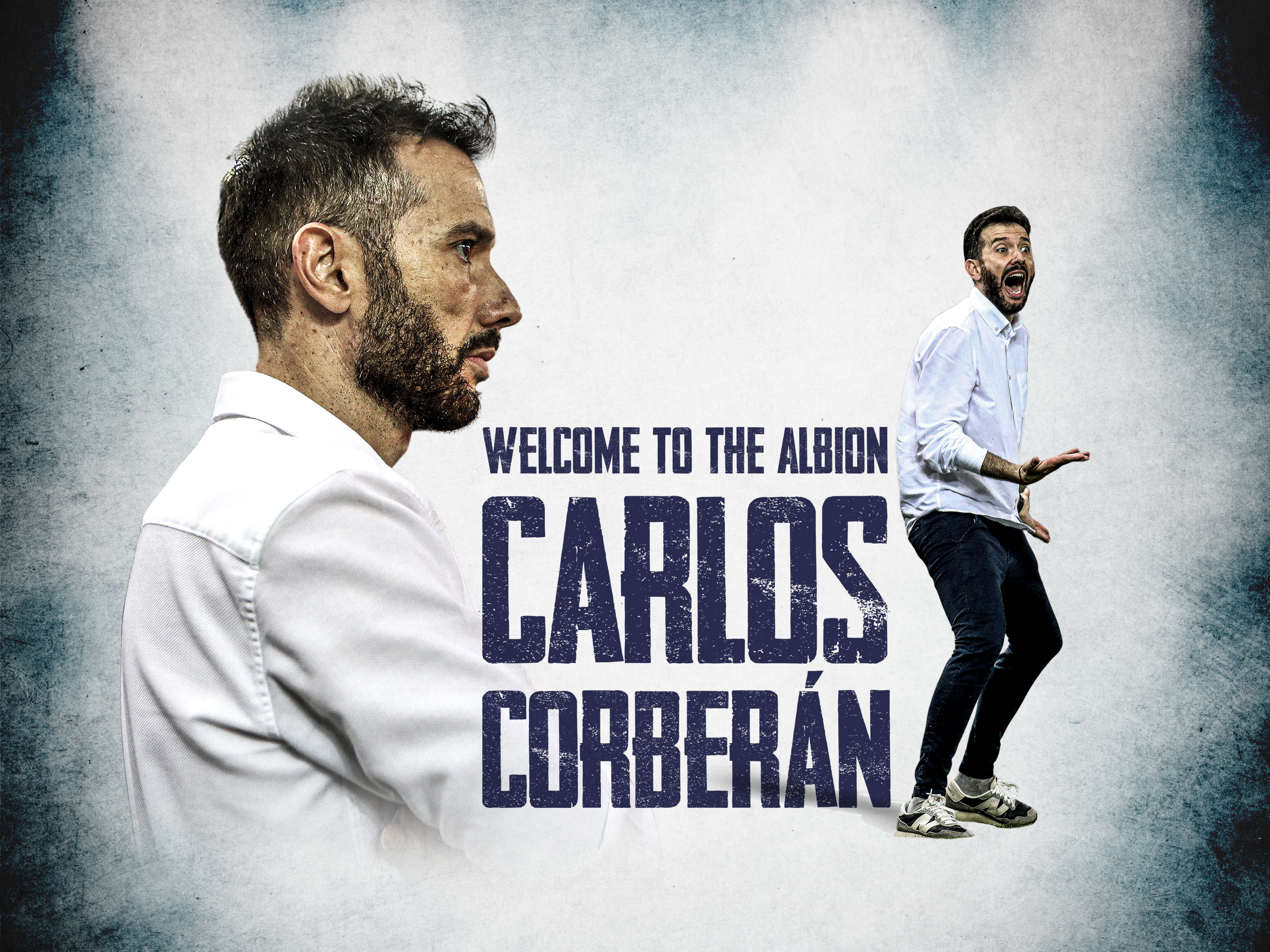 A graphic of Carlos Corberan's name alongside two images of him on the touchline, as he's appointed Albion's new head coach