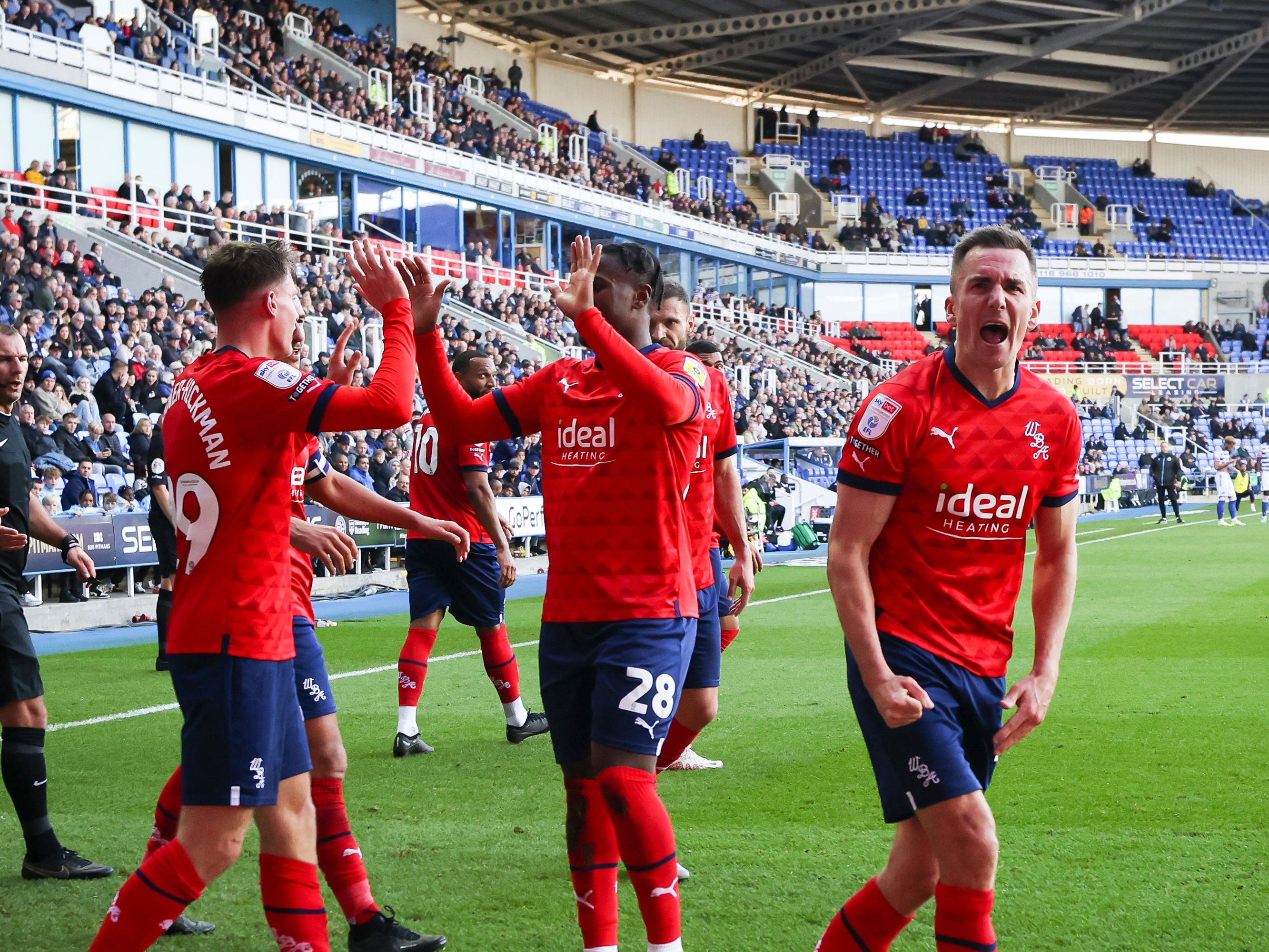 Albion players celebrate Taylor Gardner-Hickman's goal at Reading