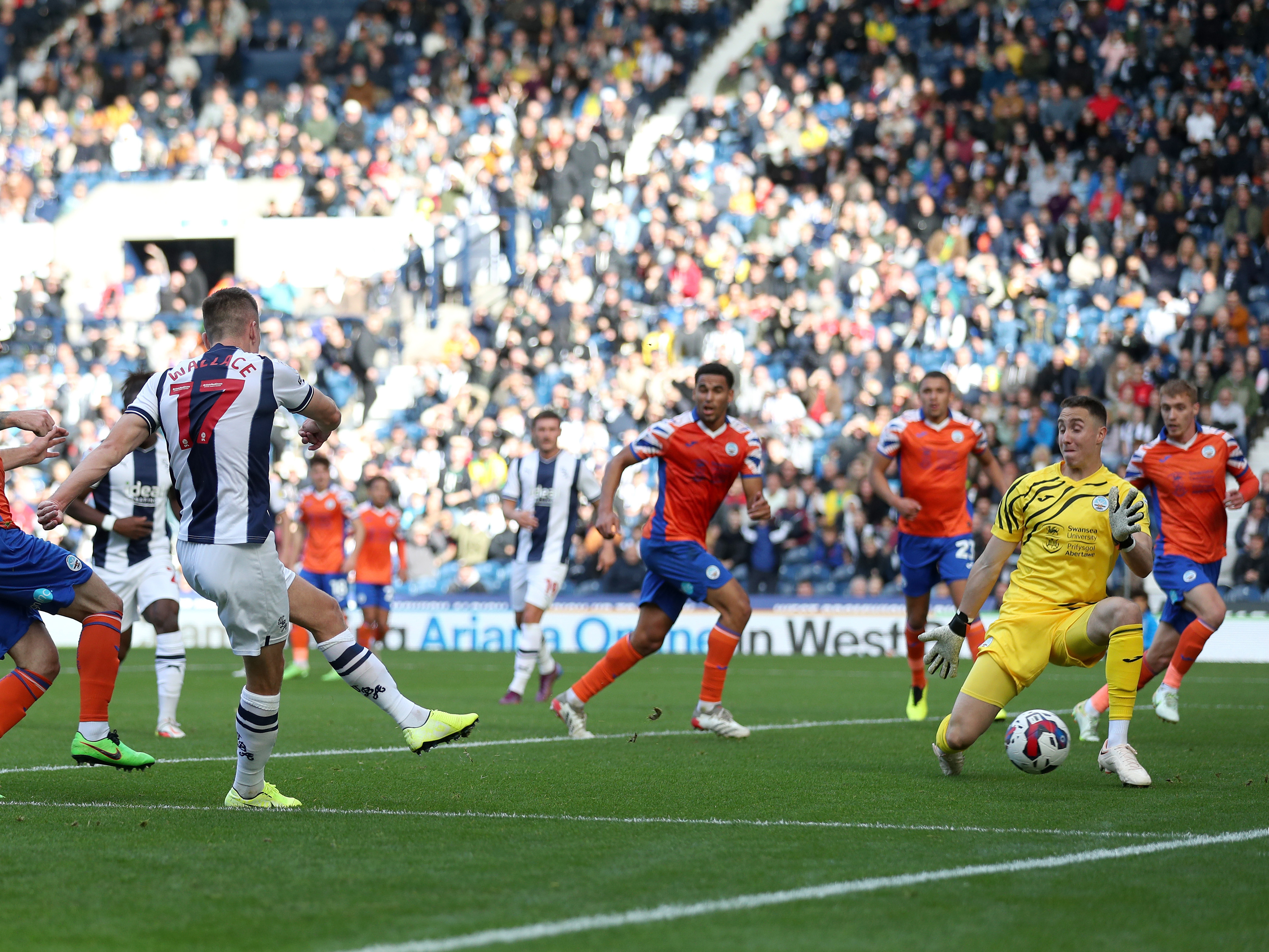 Jed Wallace has a shot saved against Swansea City