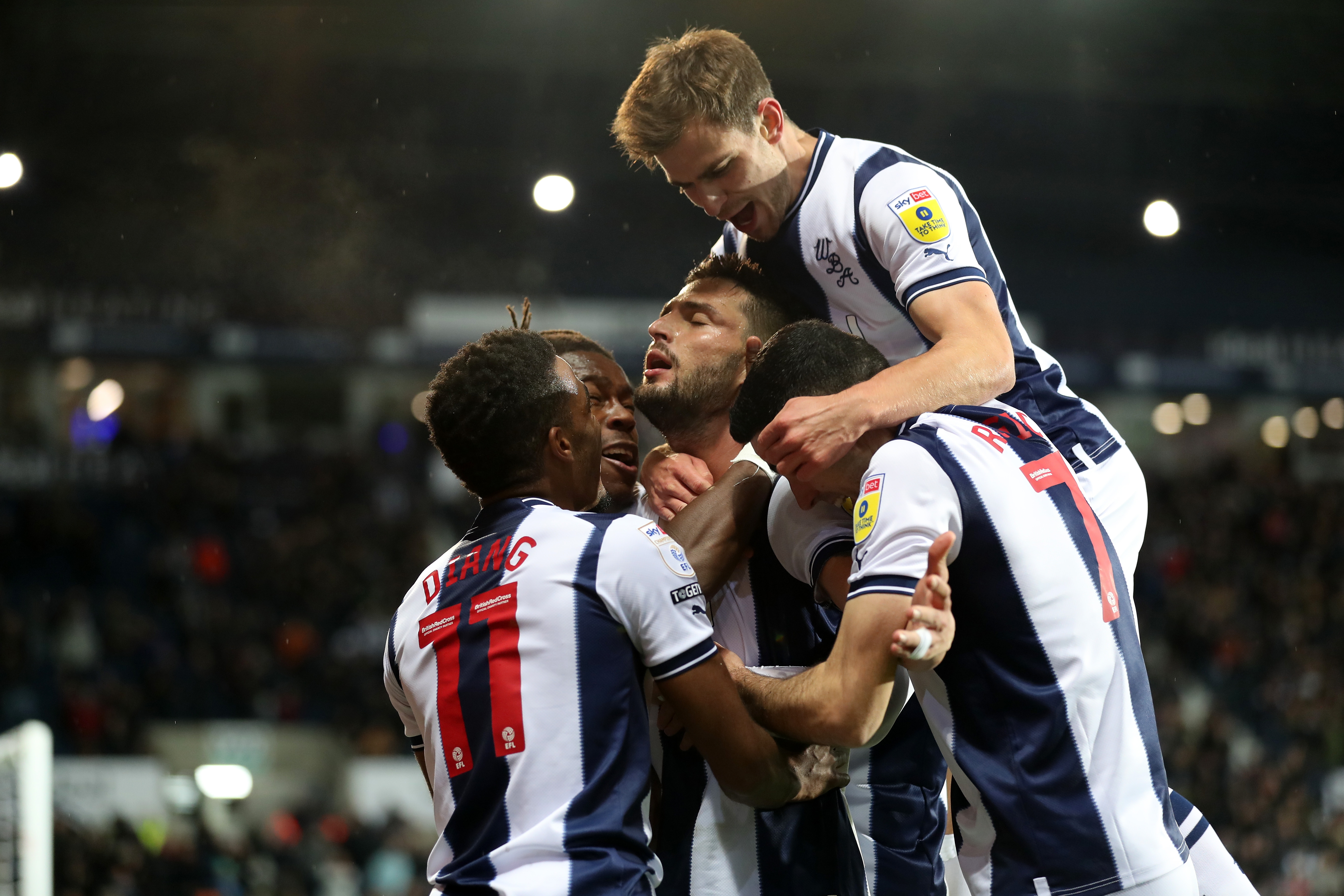Albion players celebrate against Blackpool.