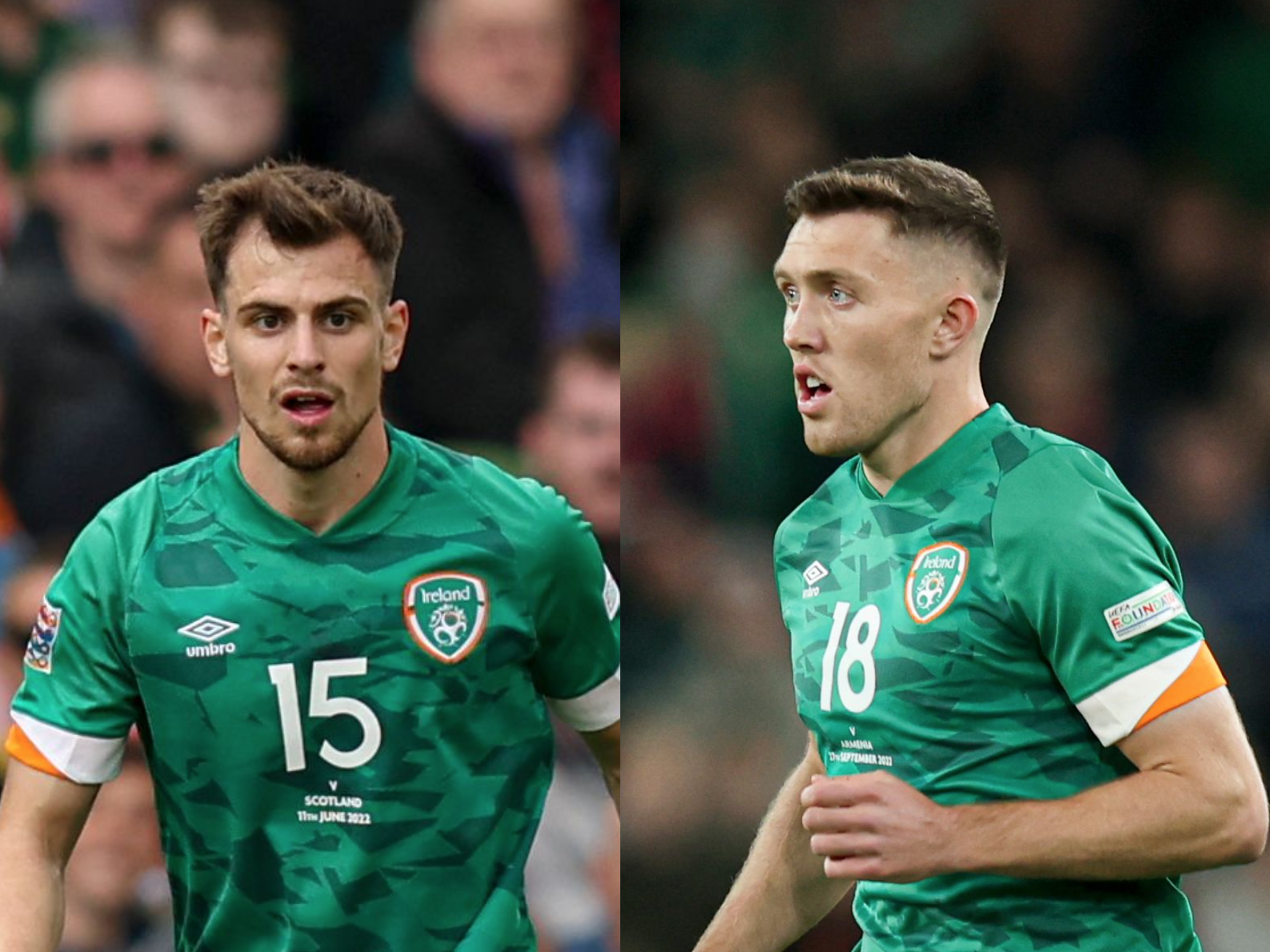 Images of Jayson Molumby and Dara O'Shea side-by-side, both in Ireland kit