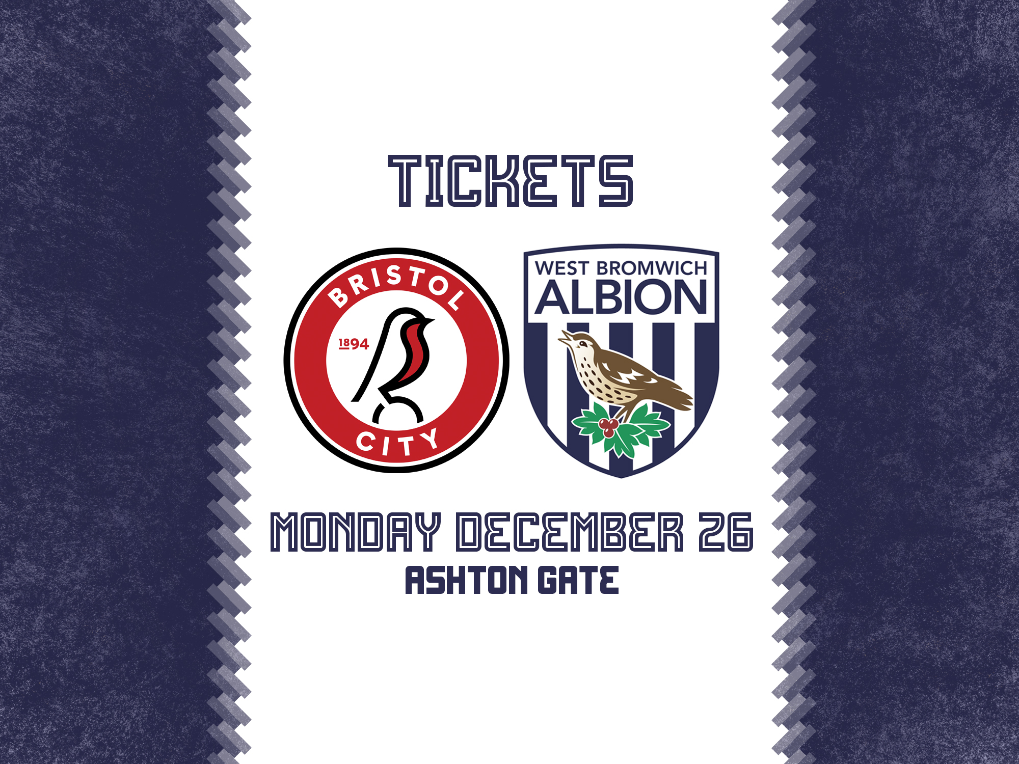 A ticket graphic displaying Albion's badge alongside Bristol City's, also detailing the date of the match as Tuesday, October 18