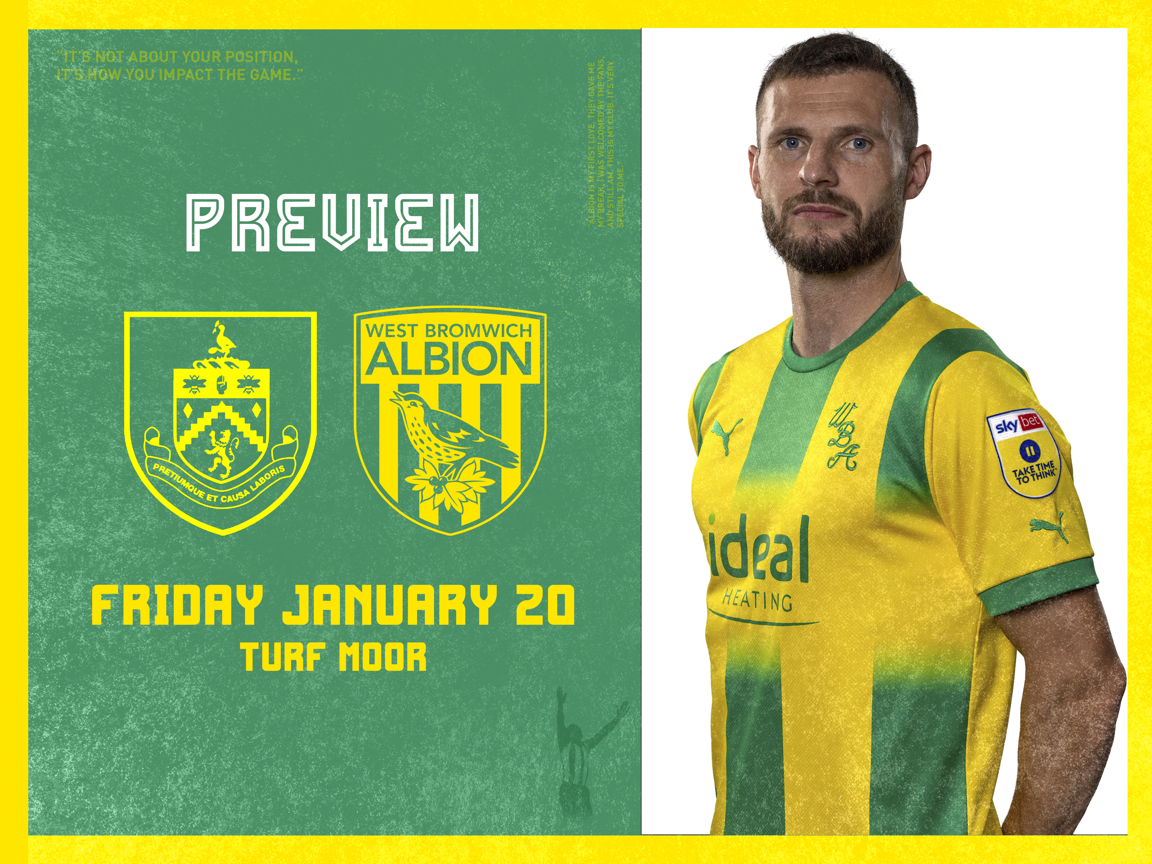 Burnley and WBA badges next to an image of Erik Pieters in the away kit