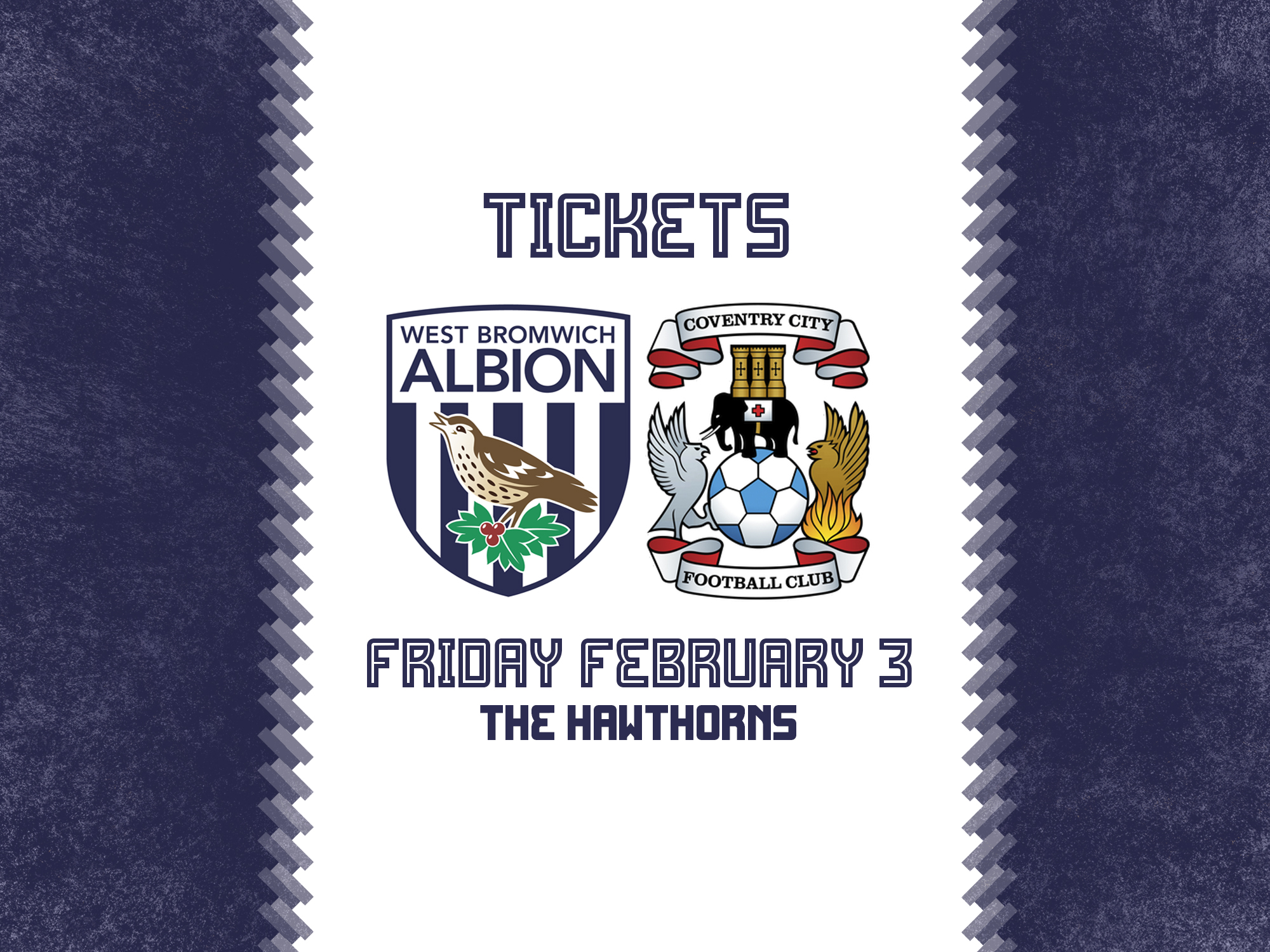 A ticket graphic displaying the information for Albion's game against Coventry City