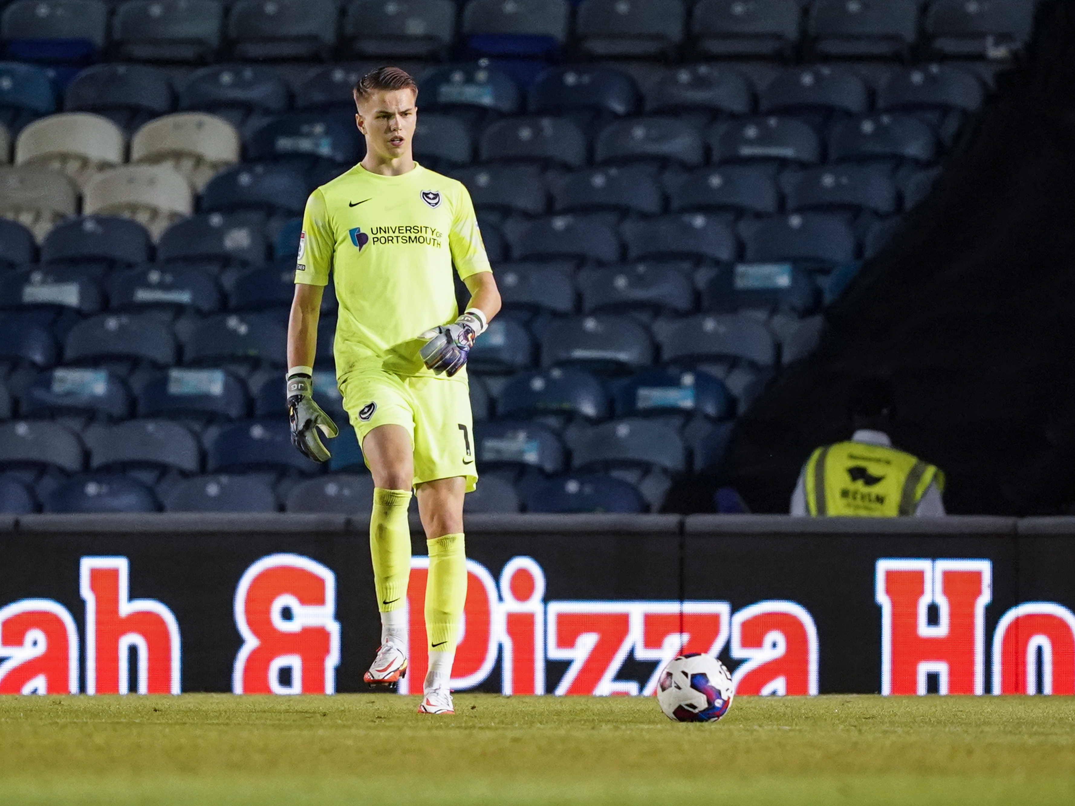 Albion keeper Josh Griffiths kicking the ball for loan club Portsmouth