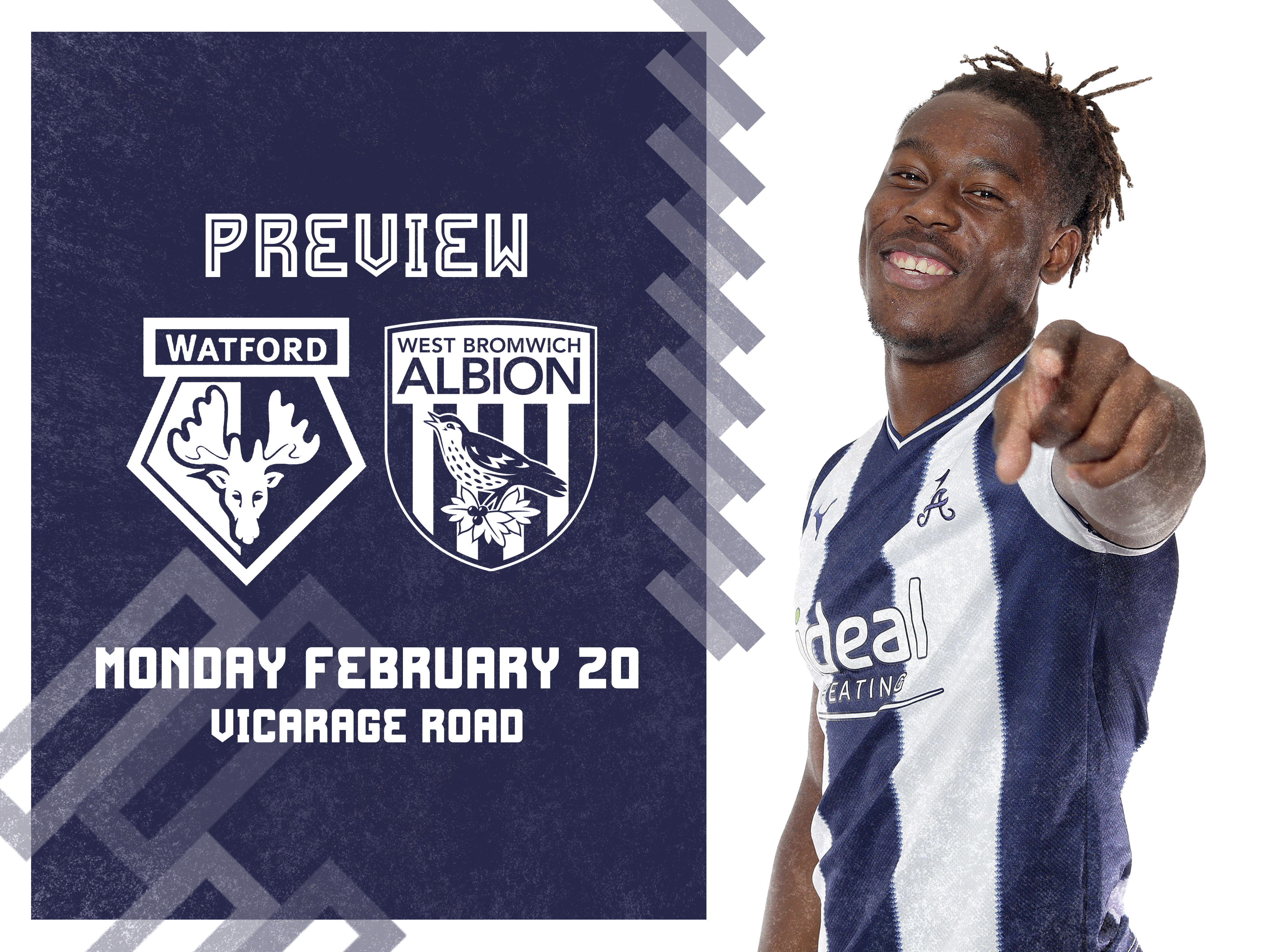 Watford and WBA badges next to an image of Brandon Thomas-Asante in the home kit