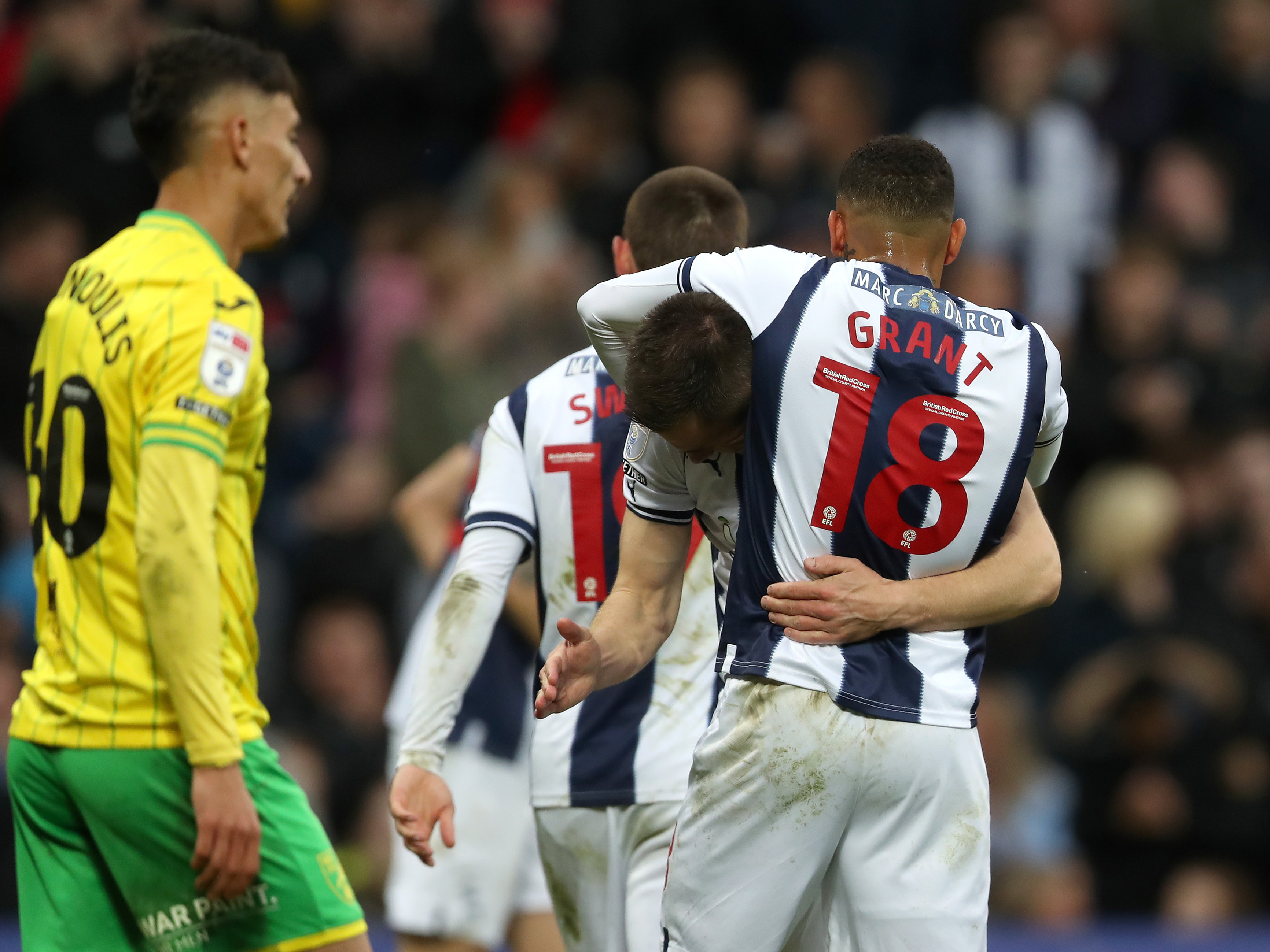 Karlan Grant and Jed Wallace celebrate after Albion's second goal against Norwich City