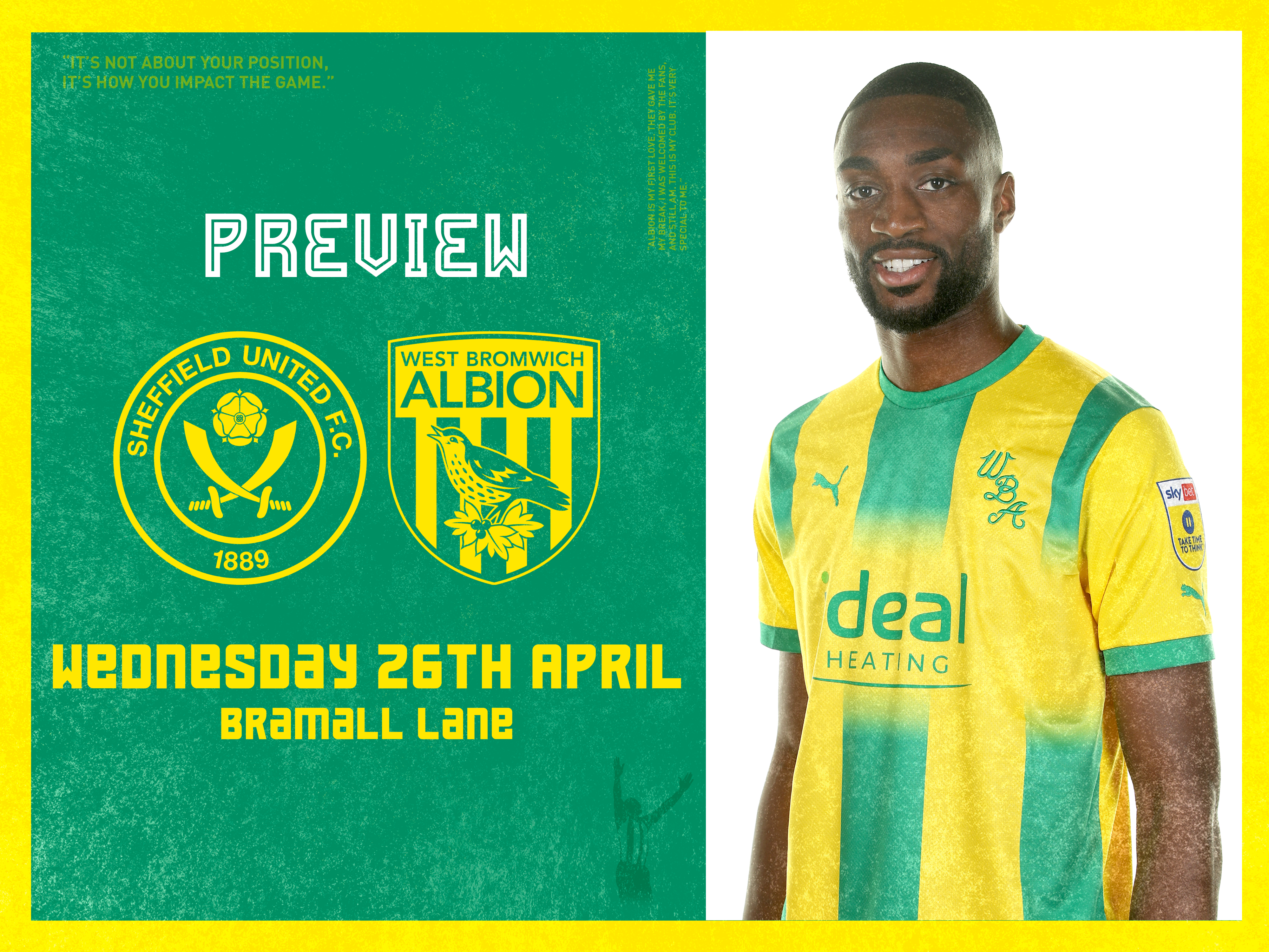 An image of Semi Ajayi wearing a green and yellow kit alongside the badges of Sheffield United and West Bromwich Albion