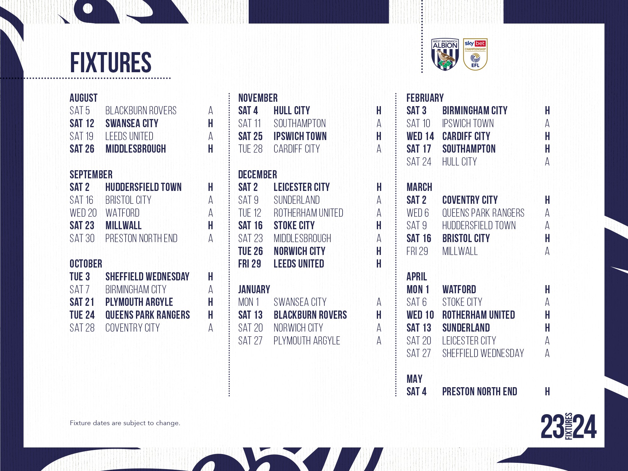 Albion's 2023/24 Sky Bet Championship fixtures announced