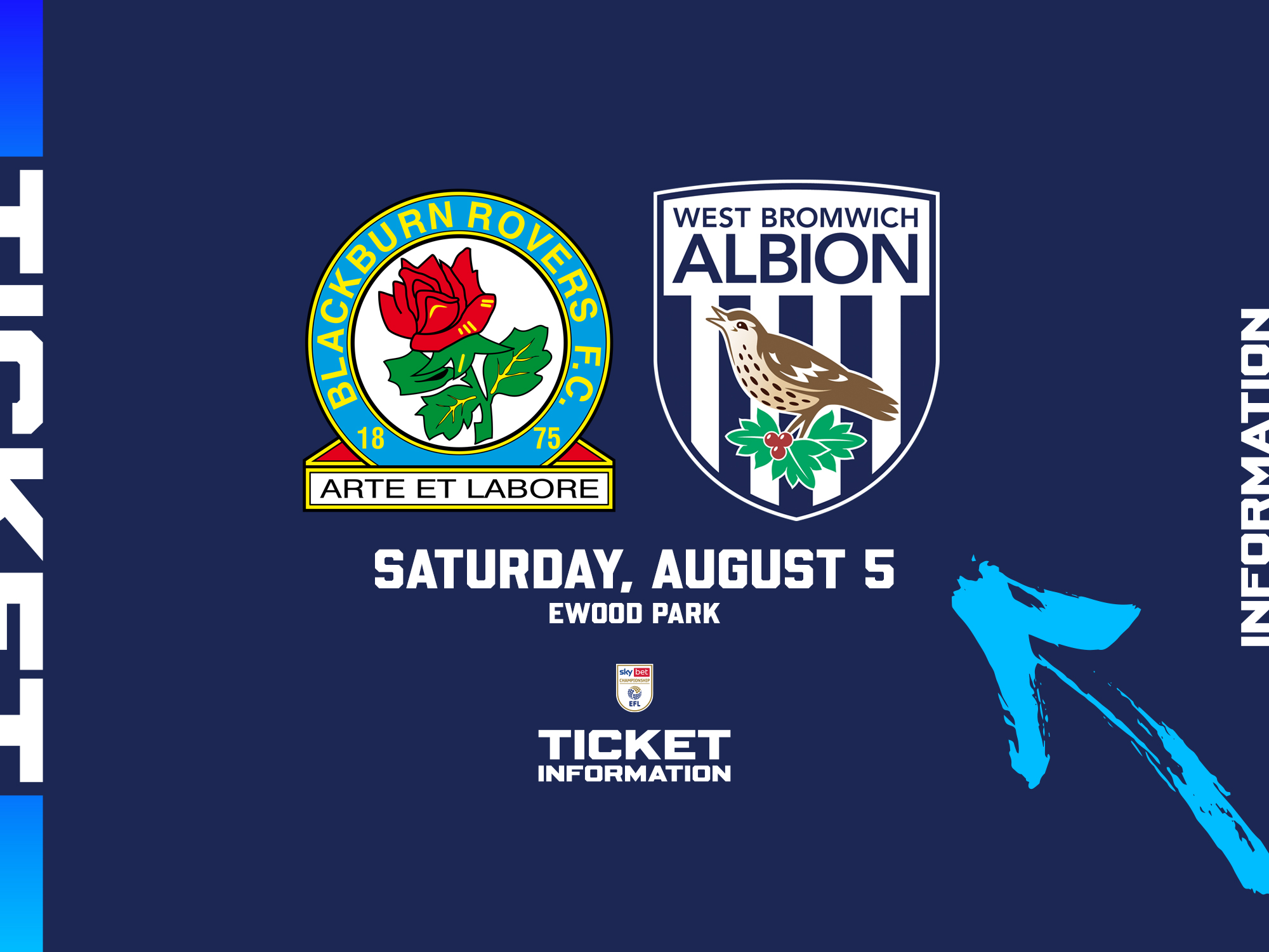 A ticket graphic displaying information for Albion's game at Blackburn
