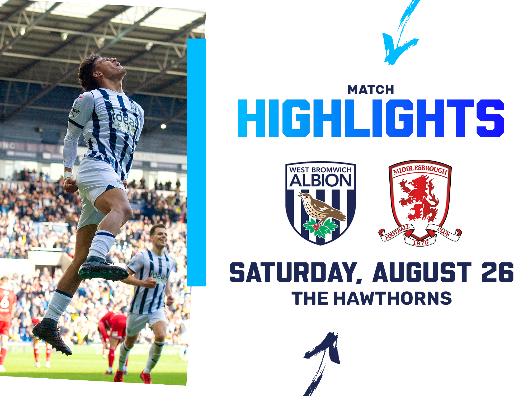 A photo of the match highlights graphic leading to footage of Albion's win over Middlesbrough