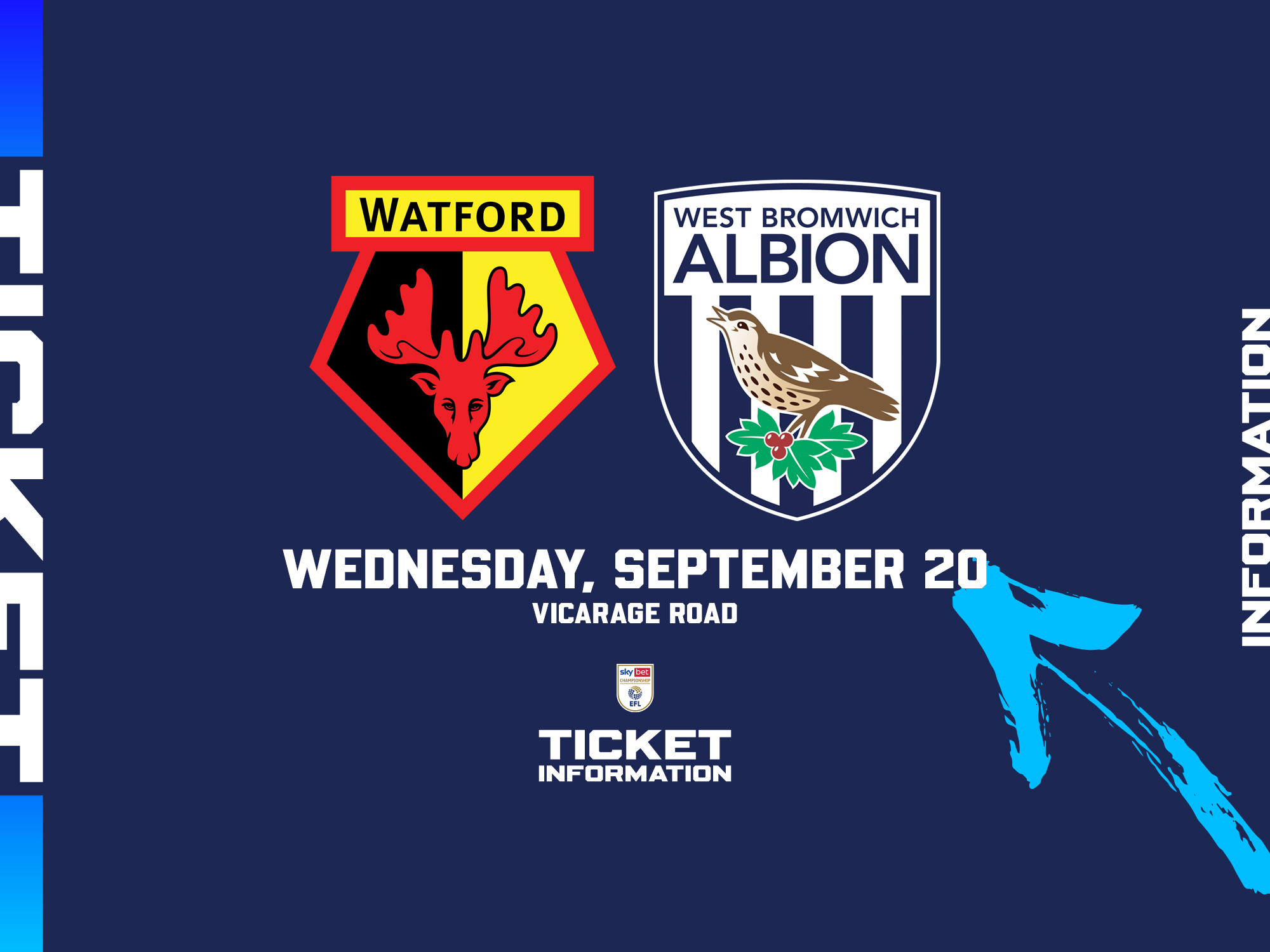 A ticket graphic displaying information for Albion's game at Watford