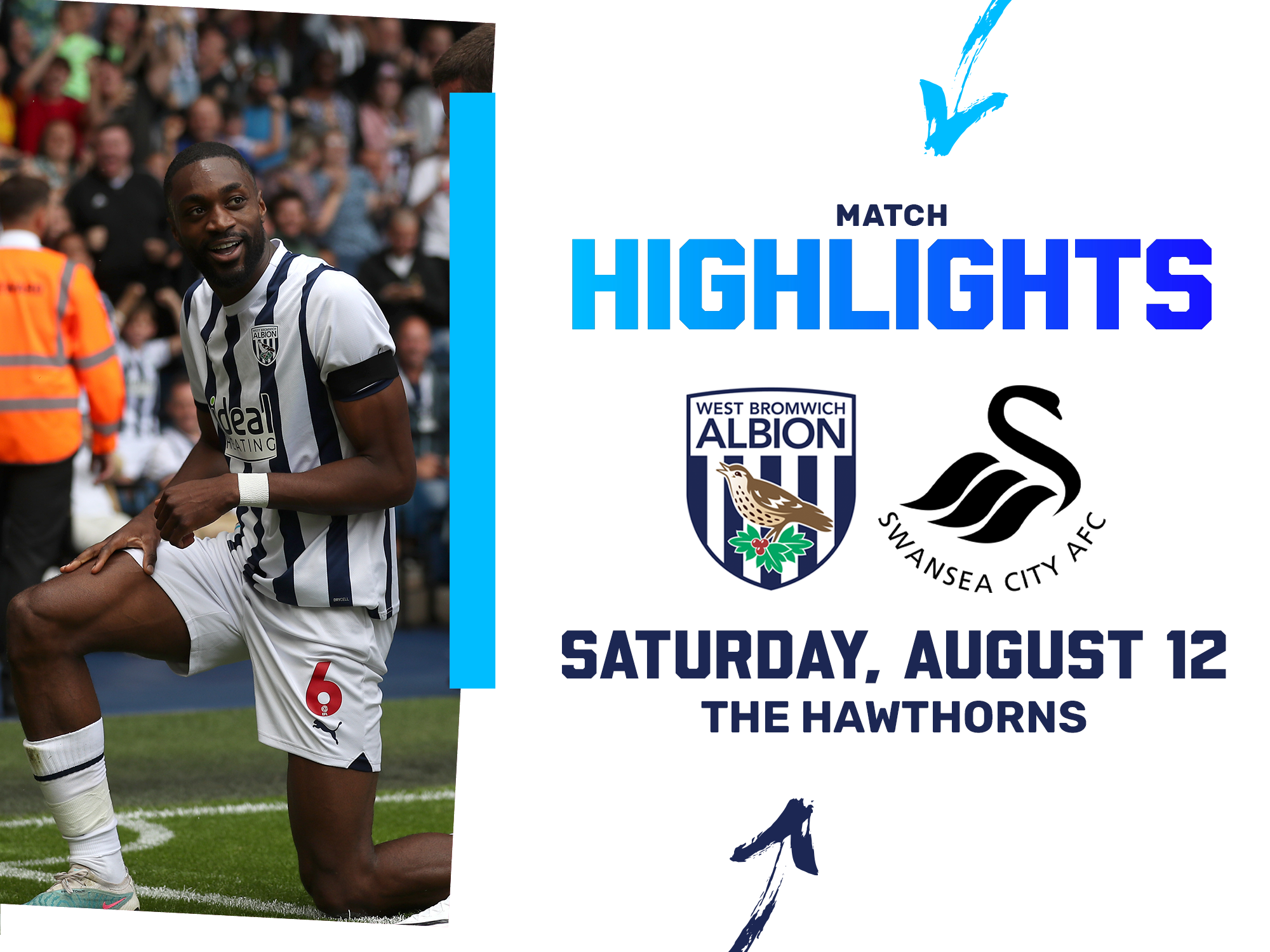 A graphic titled - 'Match Highlights' with the badges of Albion and Swansea City on it, entailing match highlights from the game between the two teams