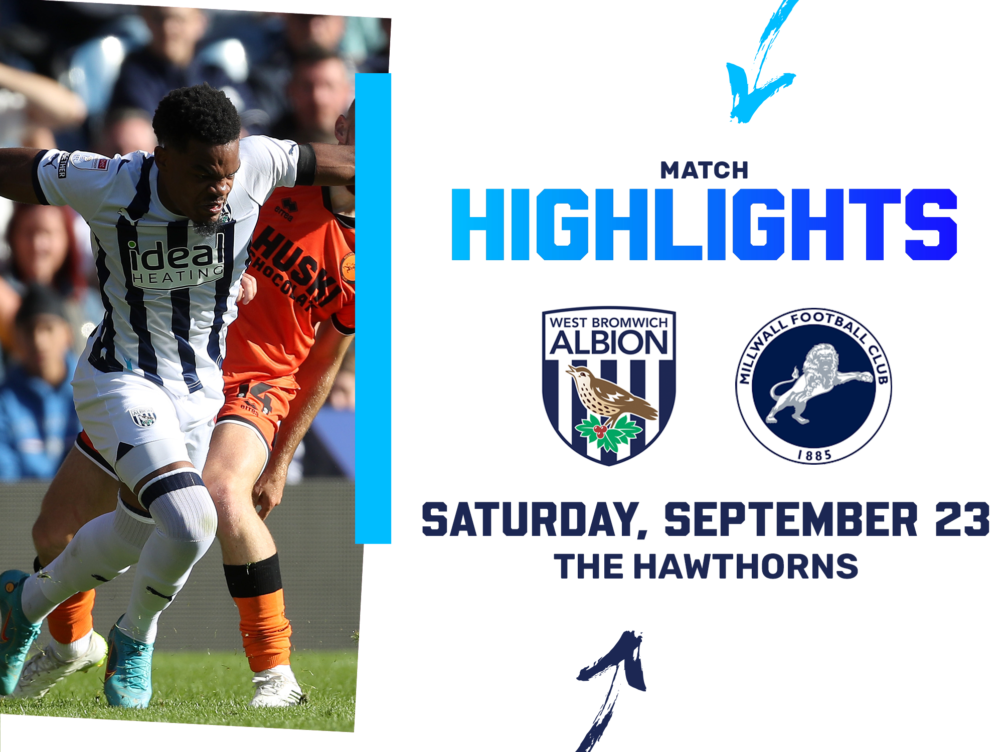 A photo graphic showing Grady Diangana, in the 2023/24 home it, leading to highlights from Albion's game v Millwall at The Hawthorns