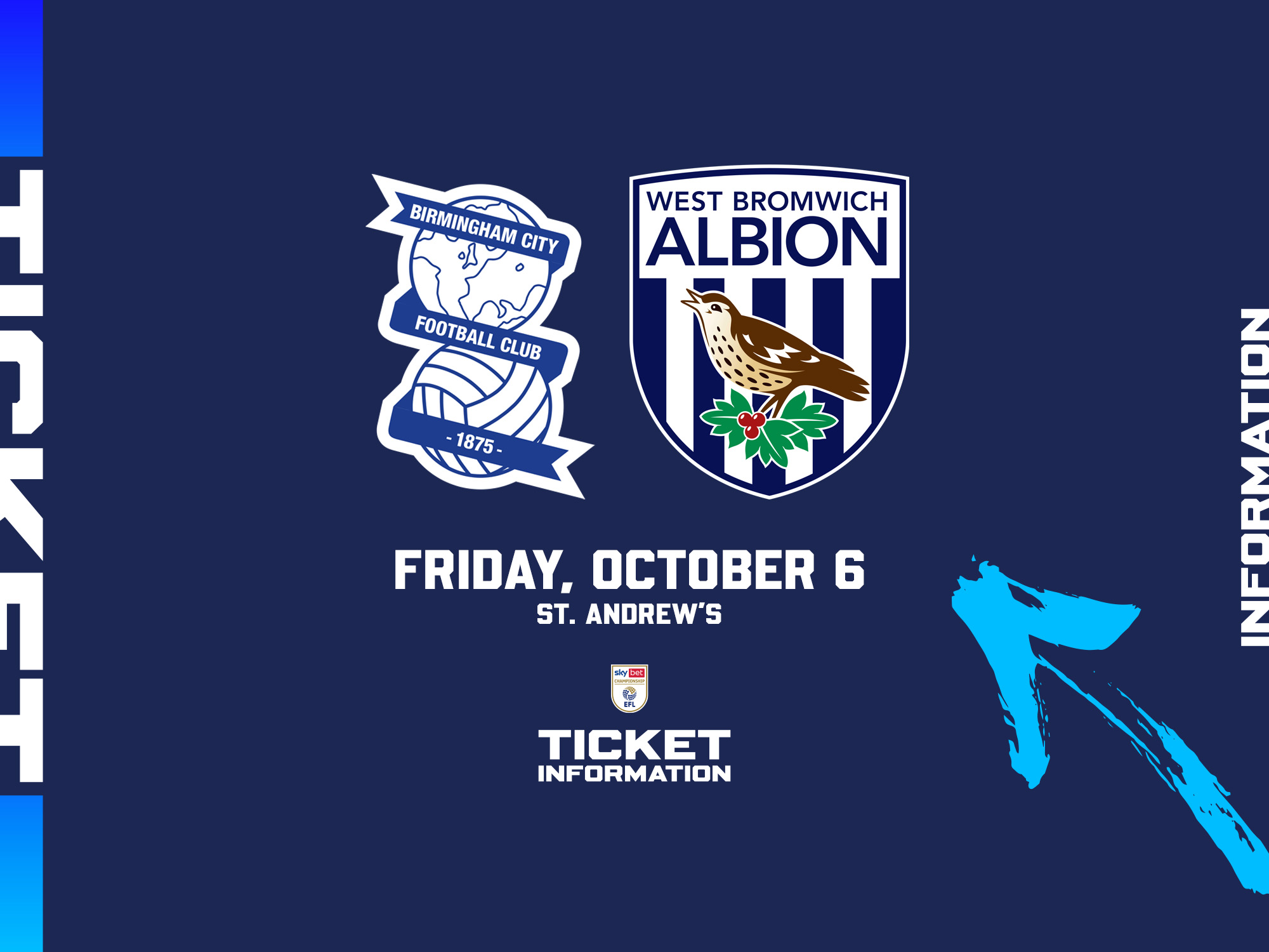 Birmingham City and WBA badges on the ticket graphic for the Championship fixture
