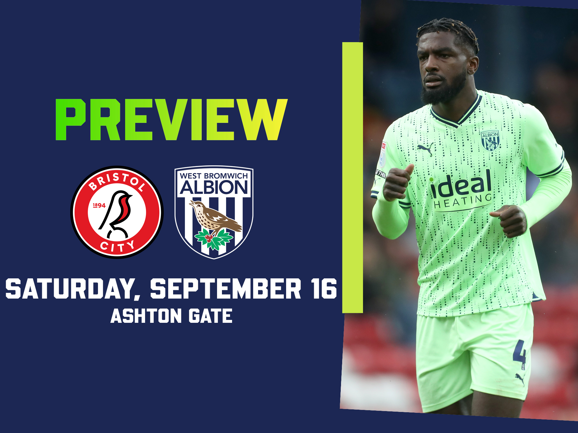 Bristol City and WBA badges next to an image of Cedric Kipre in the green away kit