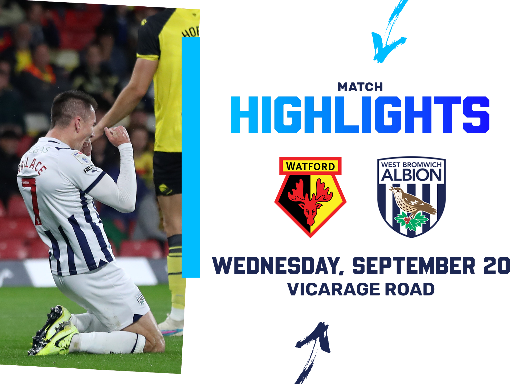 A photo graphic, displaying picture of Jed Wallace celebrating on his knees, leading to footage of highlights from Albion's game against Watford at Vicarage Road during the 2023/24 season