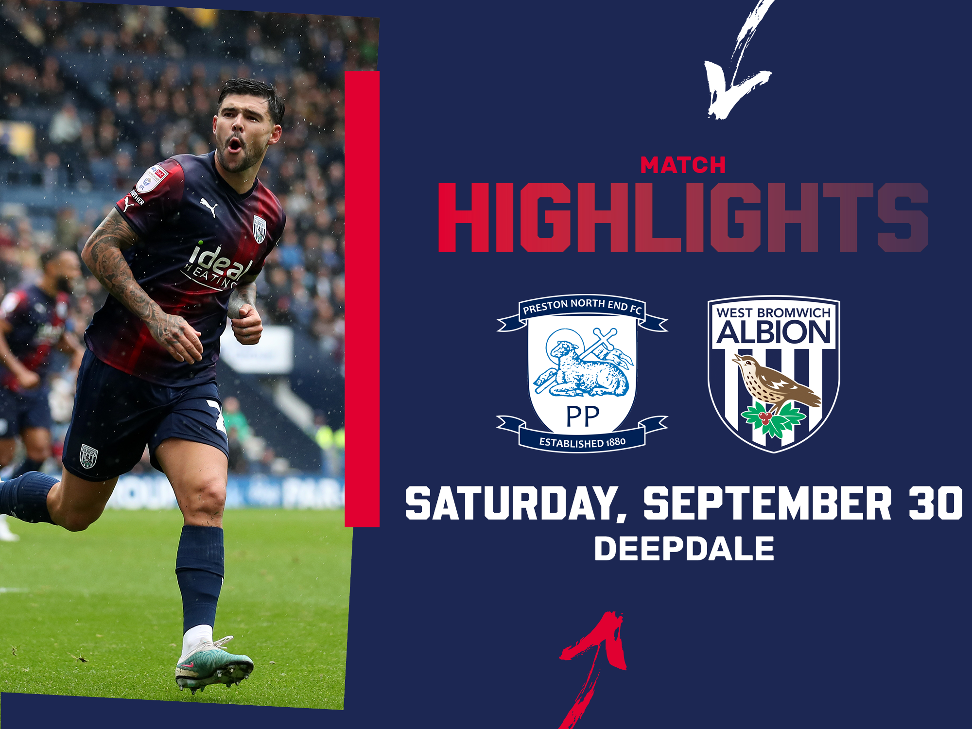 A photo graphic showing the blue and red colours of Albion's away kit, with a picture of Alex Mowatt celebrating in it, leading to footage of the Baggies' win over Preston at Deepdale