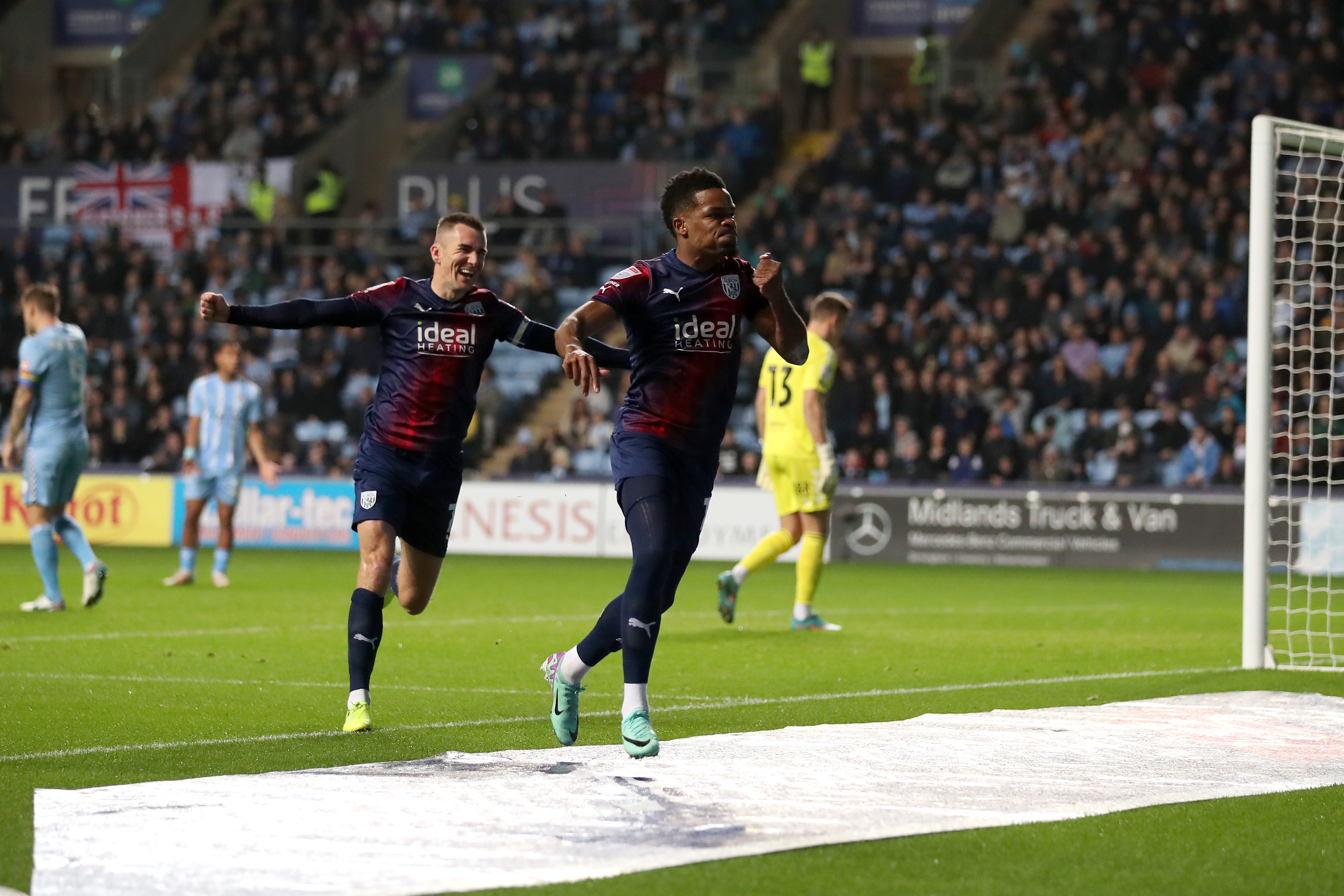 Grady Diangana celebrates scoring against Coventry with Jed Wallace in the background 