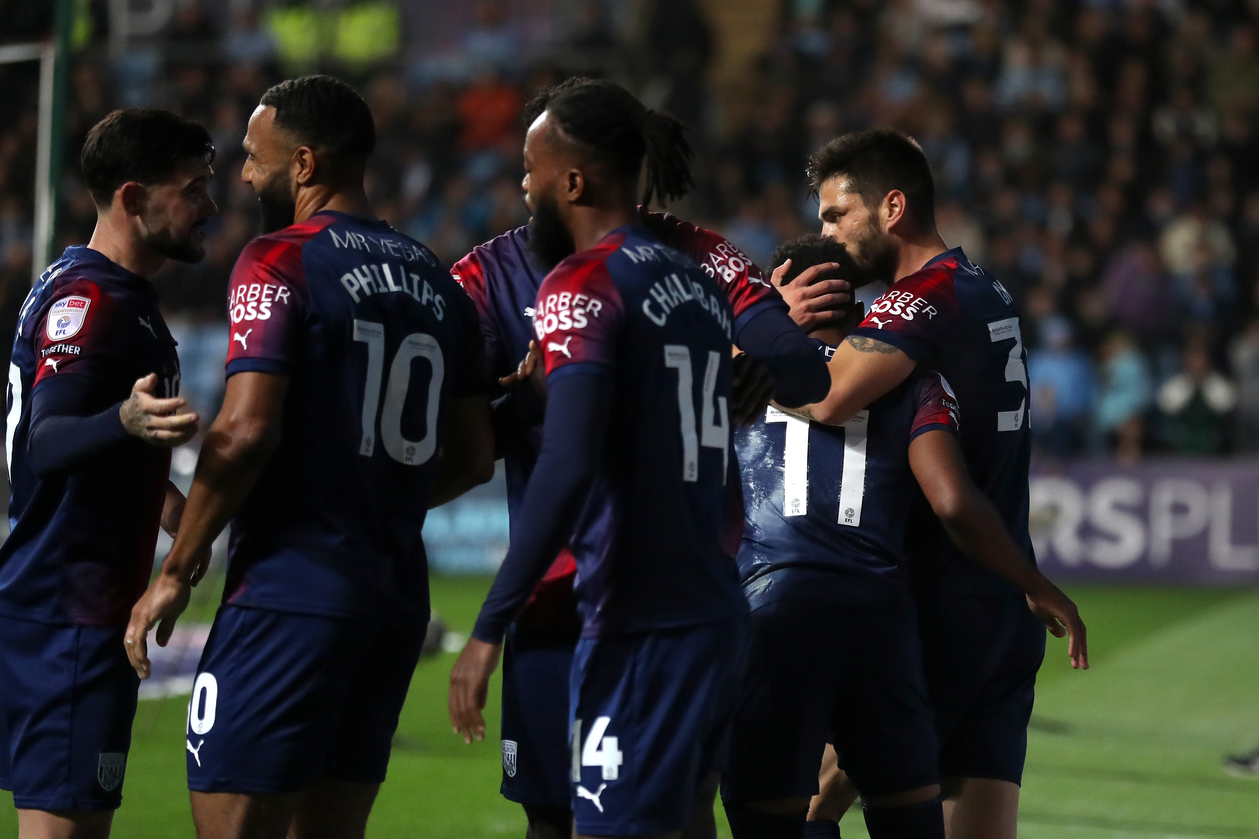 Albion players celebrate the first goal against Coventry