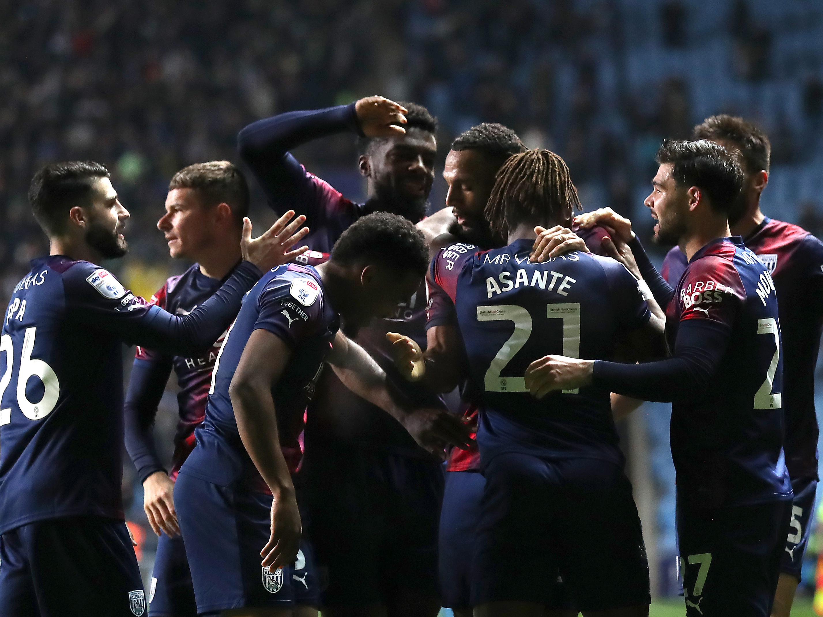 Albion players celebrate Brandon Thomas-Asante's goal against Coventry