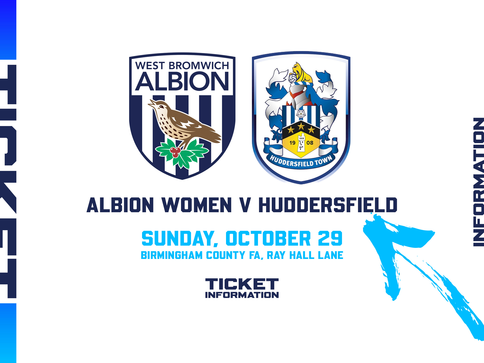 A ticket graphic displaying information for Albion Women's game against Huddersfield in the FAWNL Cup