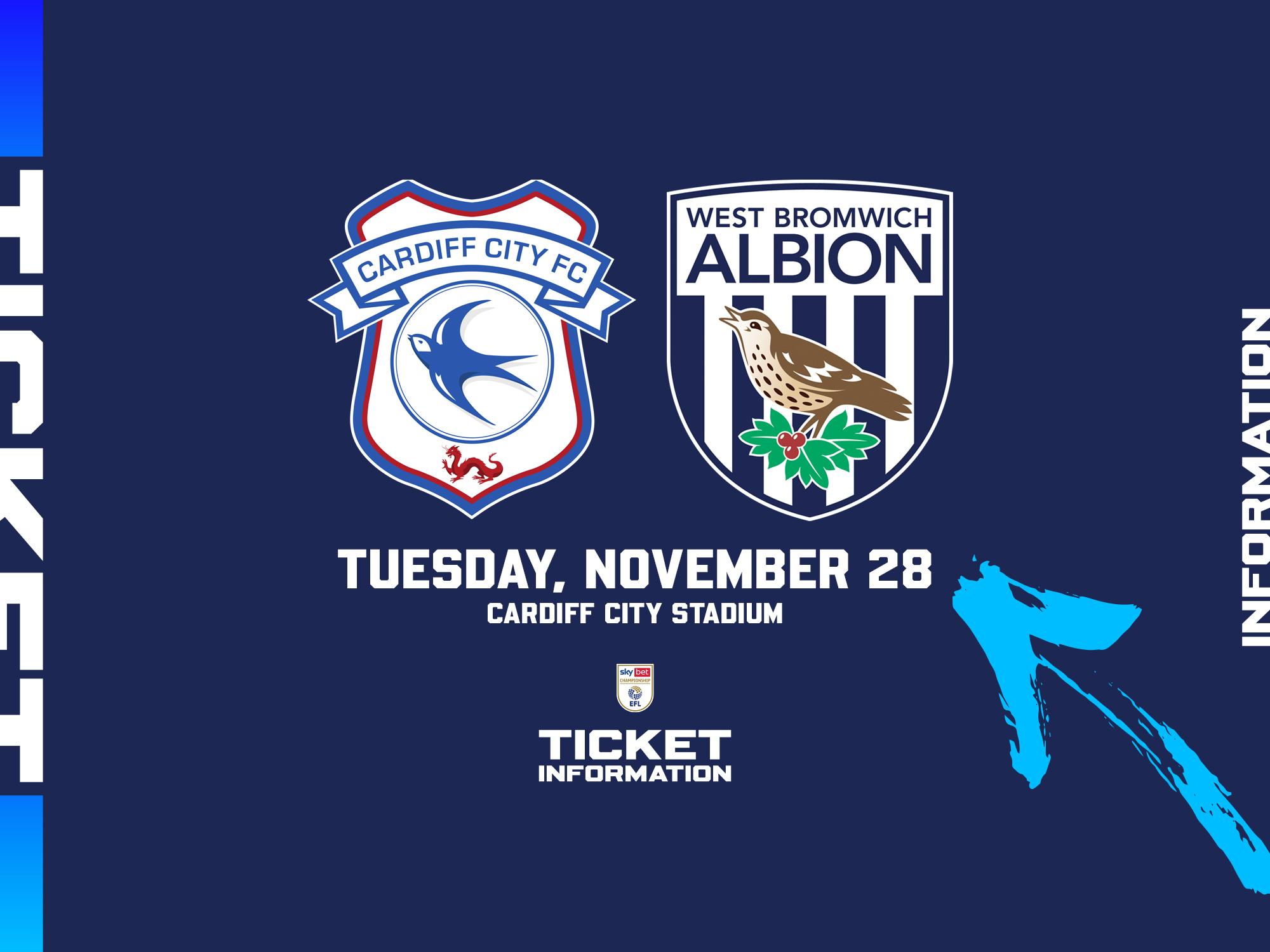 A ticket graphic displaying information for Albion's game at Cardiff