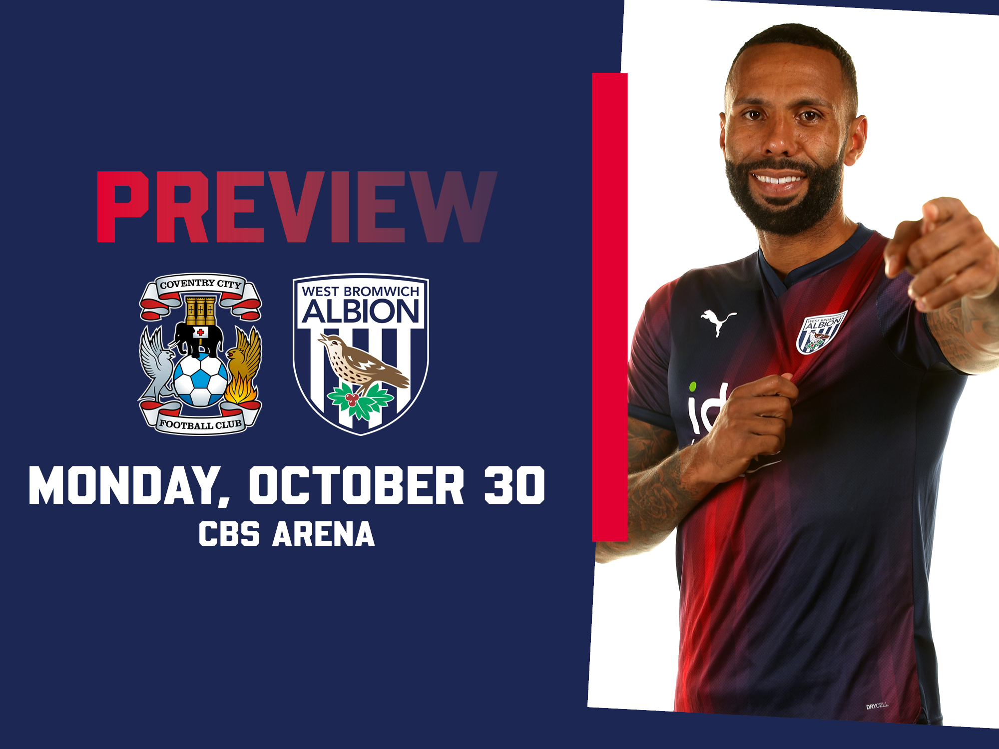 Coventry City & WBA badges next to an image of Kyle Bartley pointing at the camera wearing the navy blue and red away shirt