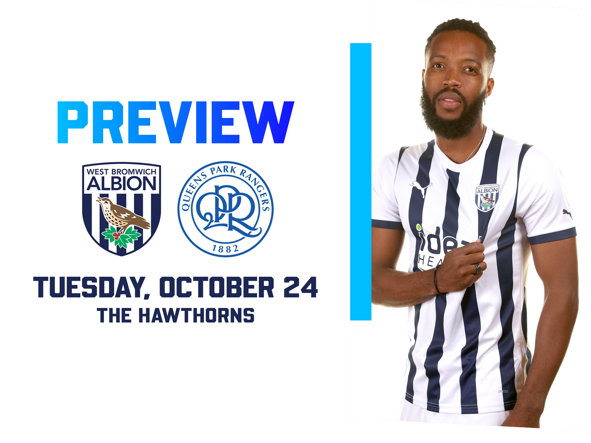 Albion and QPR badges on the home preview graphic with an image of Nathaniel Chalobah in the home kit pulling the shirt