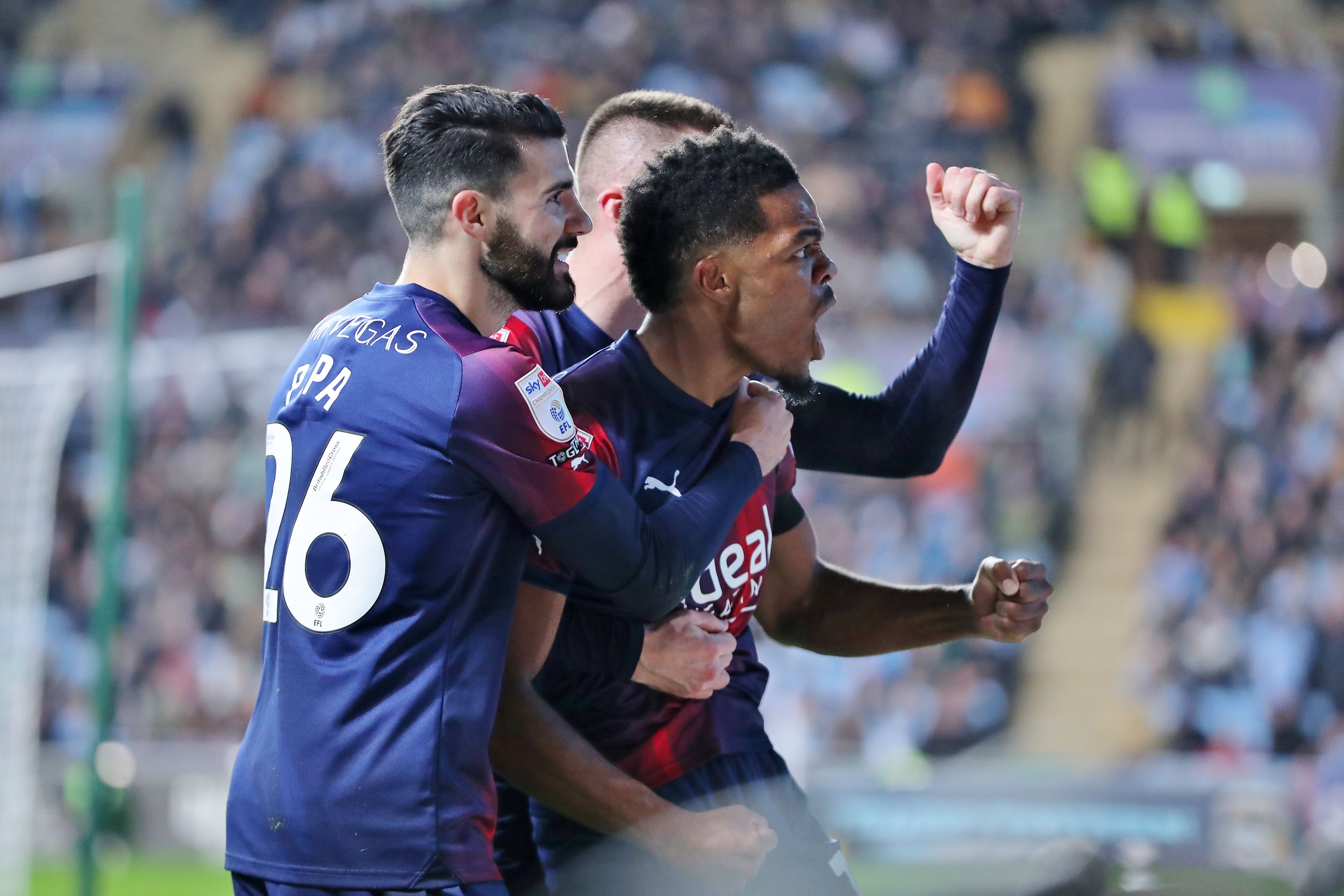 Grady Diangana celebrates scoring against Coventry with Jed Wallace and Pipa