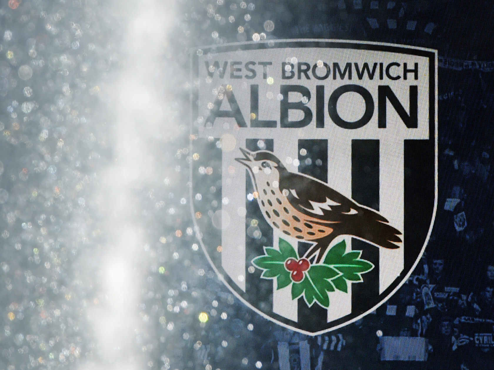 Water from the sprinkler with an Albion badge in the background