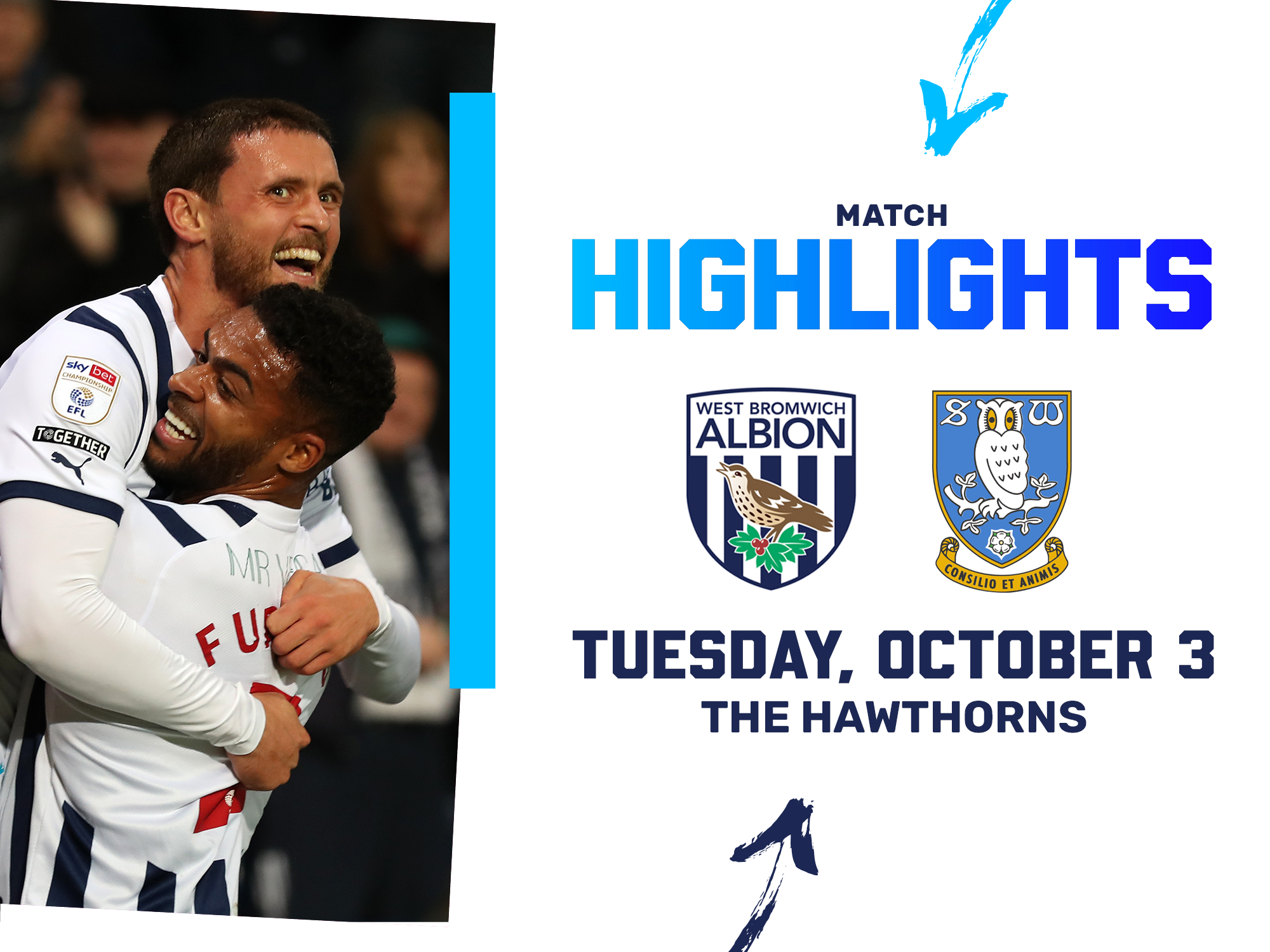 A photo graphic, containing the crests of Albion and Sheffield Wednesday, showing John Swift and Darnell Furlong celebrating, leading to a story containing highlights of Tuesday's game between the Baggies and the Owls