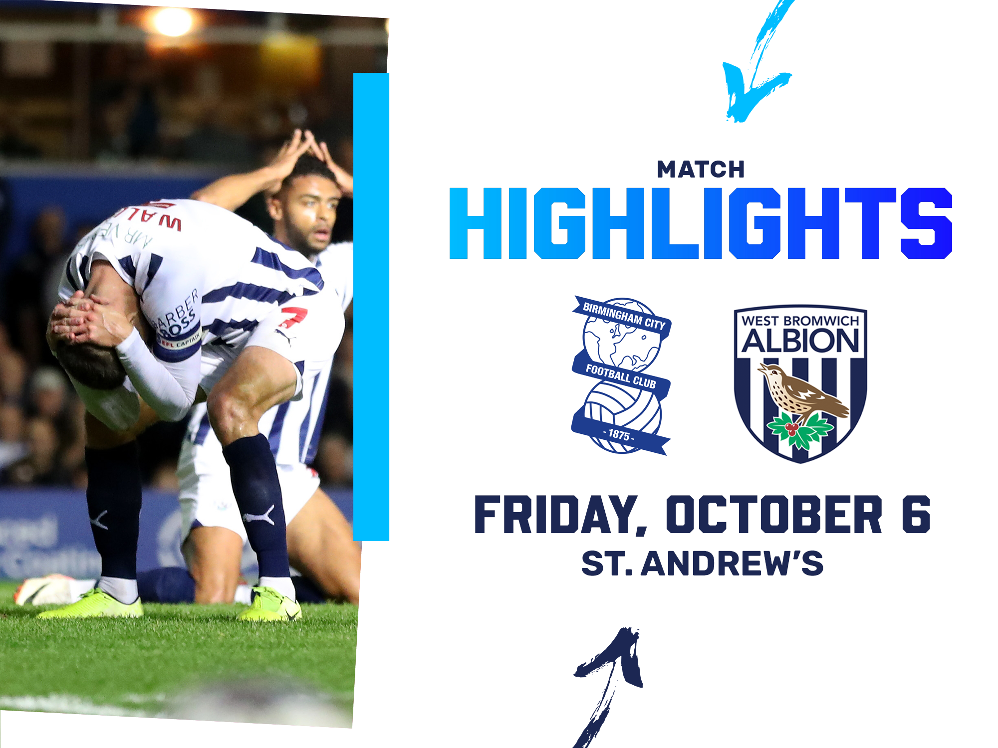 A photo graphic, showing Jed Wallace in the 23/24 home colours with his head in his hands, during Albion's clash with Birmingham City at St. Andrew's