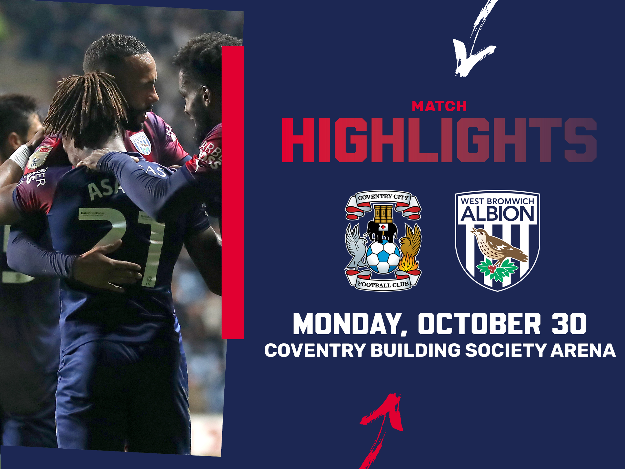 A photo graphic, in the red and blue 2023/24 away colours, with the club crests of Albion and Coventry, showing Brandon Thomas-Asante, Kyle Bartley and Cedric Kirpe hugging after Asante's goal v Coventry City - which lead to highlights from the game