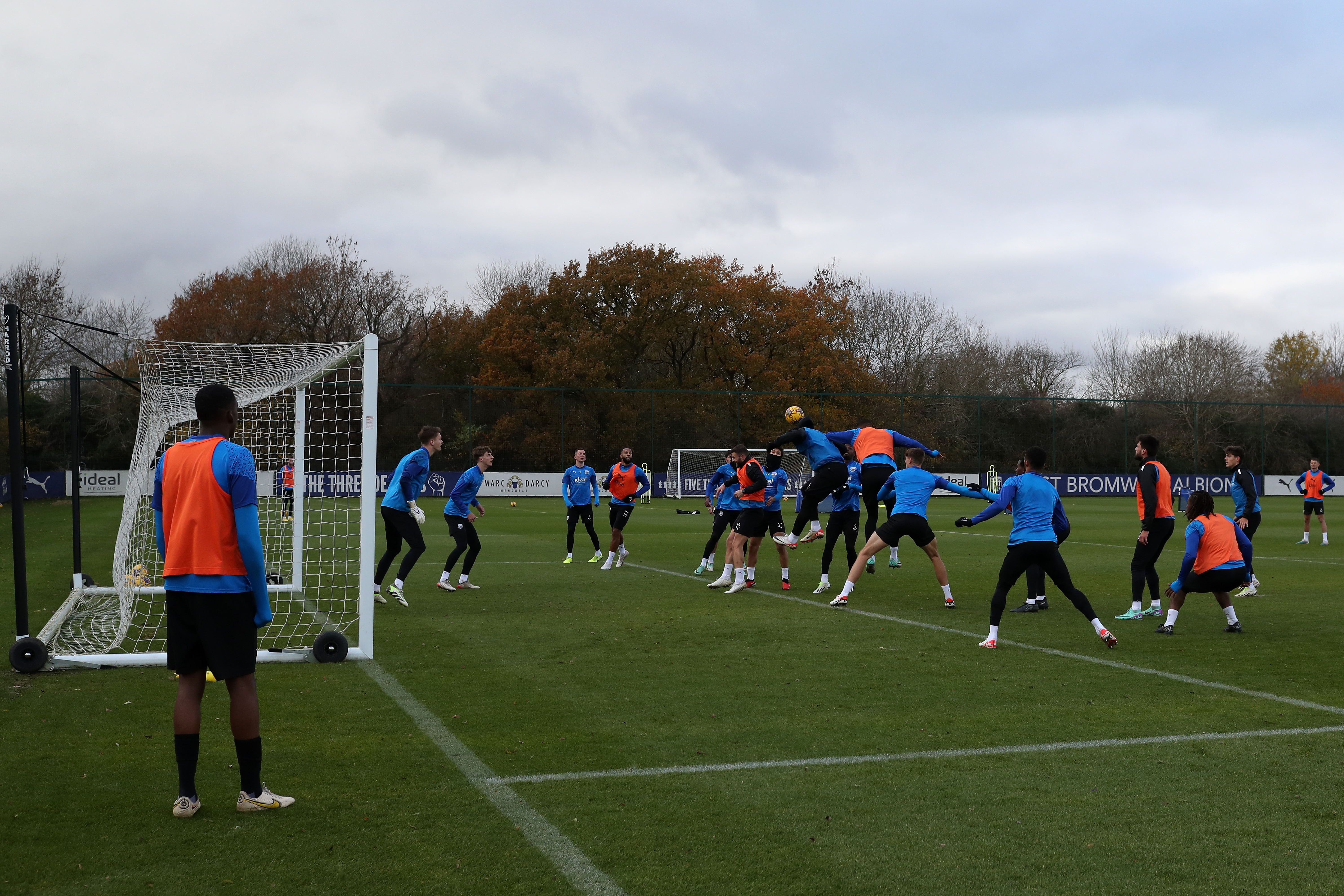 Albion players attacking and defending a corner in training 