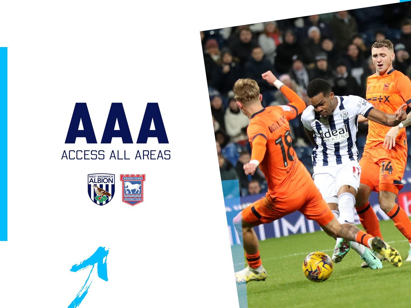 A photo graphic, showing Grady Diangana in action at The Hawthorns, for the Access-All-Albion content series