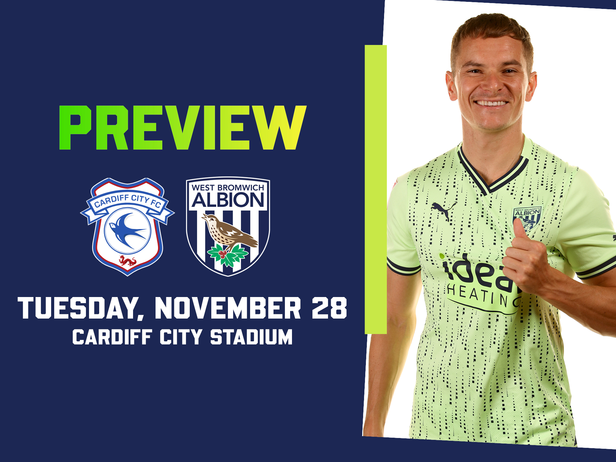 Cardiff and WBA badges with an image of Conor Townsend in the lime green away kit smiling
