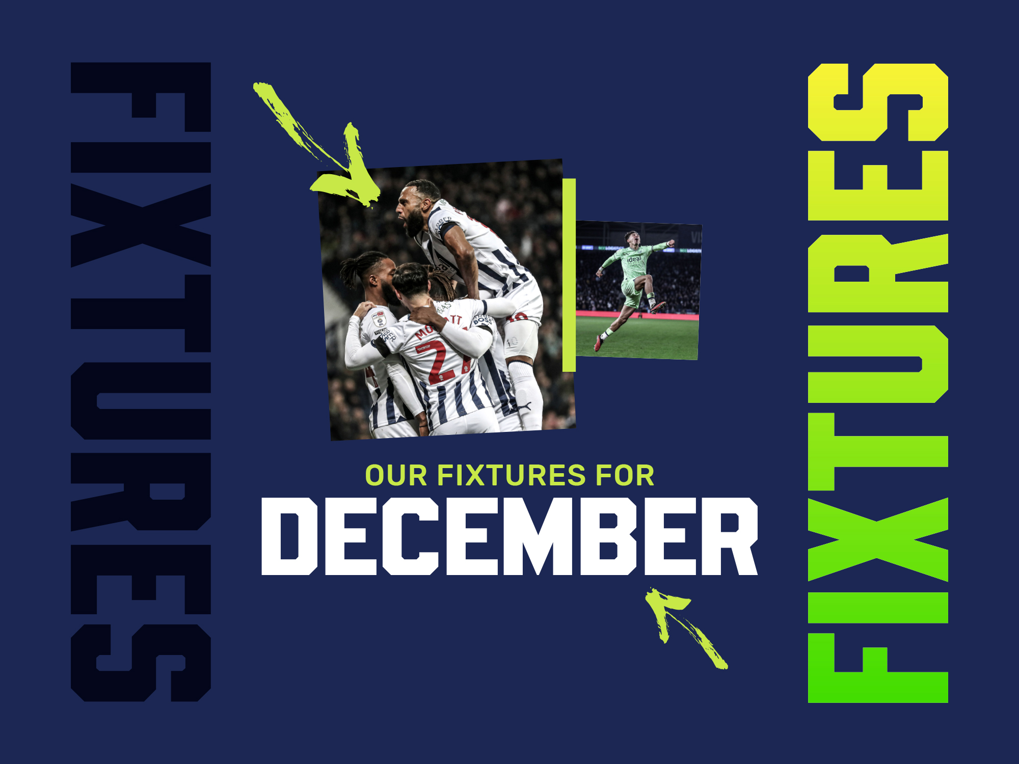 Albion's December fixtures graphic with a team celebration pic and an image of Jeremy Sarmiento scoring against Cardiff City