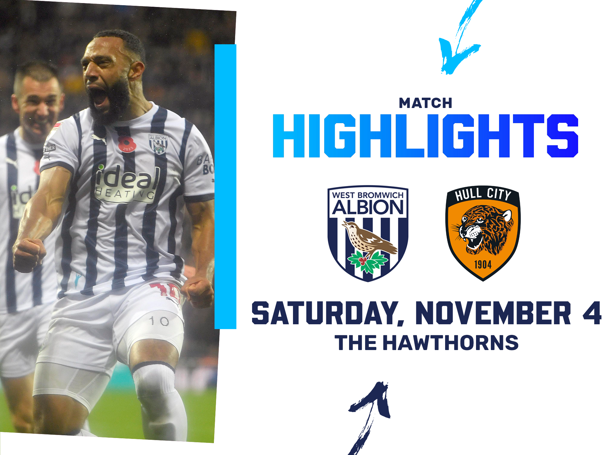 A photo graphic, entailing the club crests of Albion and Hull City - showing Matt Phillips celebrating in the 2023/24 home kit which leads to highlights from the Baggies' win over Hull