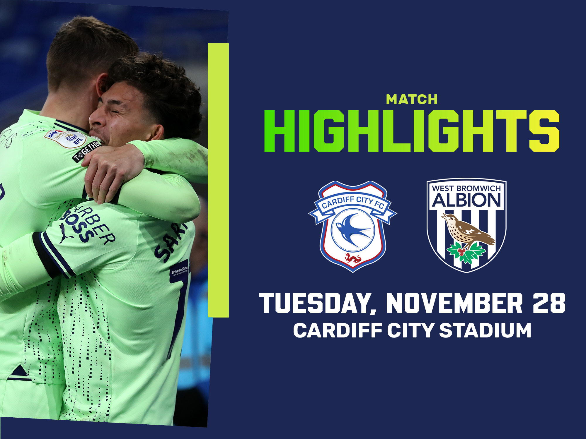 A highlights photo graphic, in the 23/24 lime green away colours showing Jeremy Sarmiento and Conor Townsend embracing - along with he club crests of Albion and Cardiff City - linking to highlights from the Baggies' win over the Bluebirds
