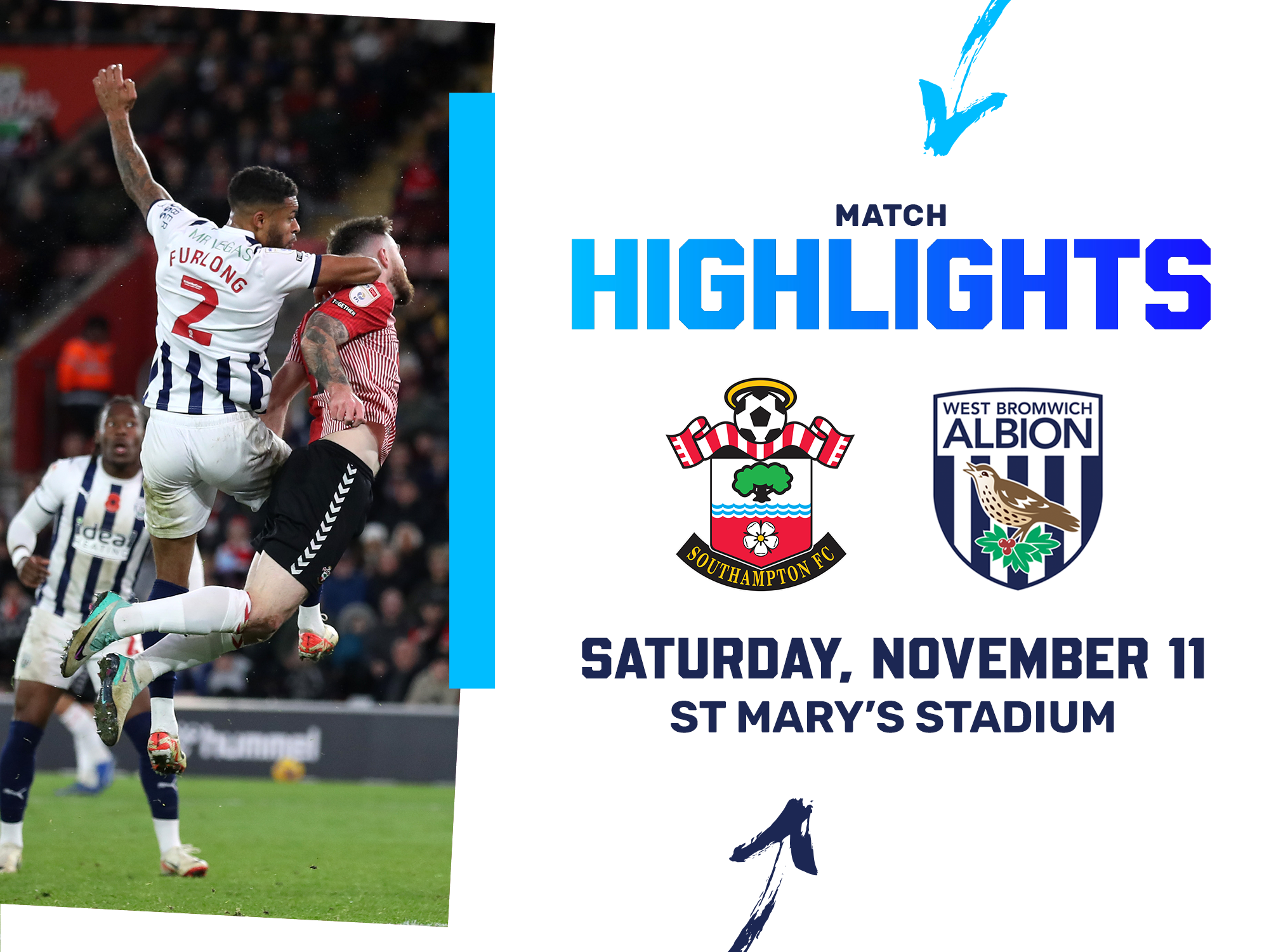 A photo graphic, stating 'match highlights' in blue and white 23/24 home colours, leading to footage of Albion's 2-1 defeat to Southampton at St Mary's