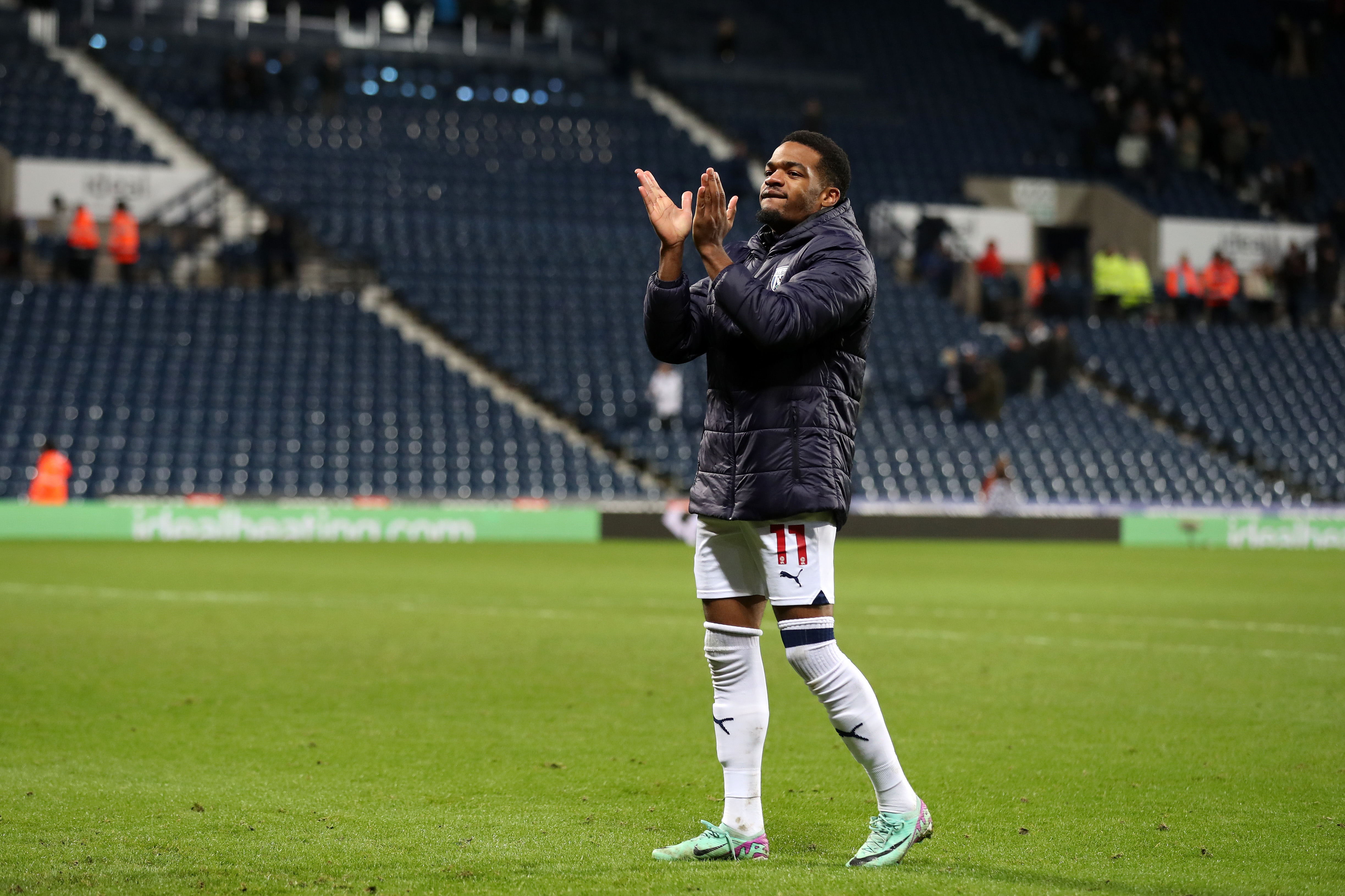Grady Diangana applauds supporters after full-time against Leeds