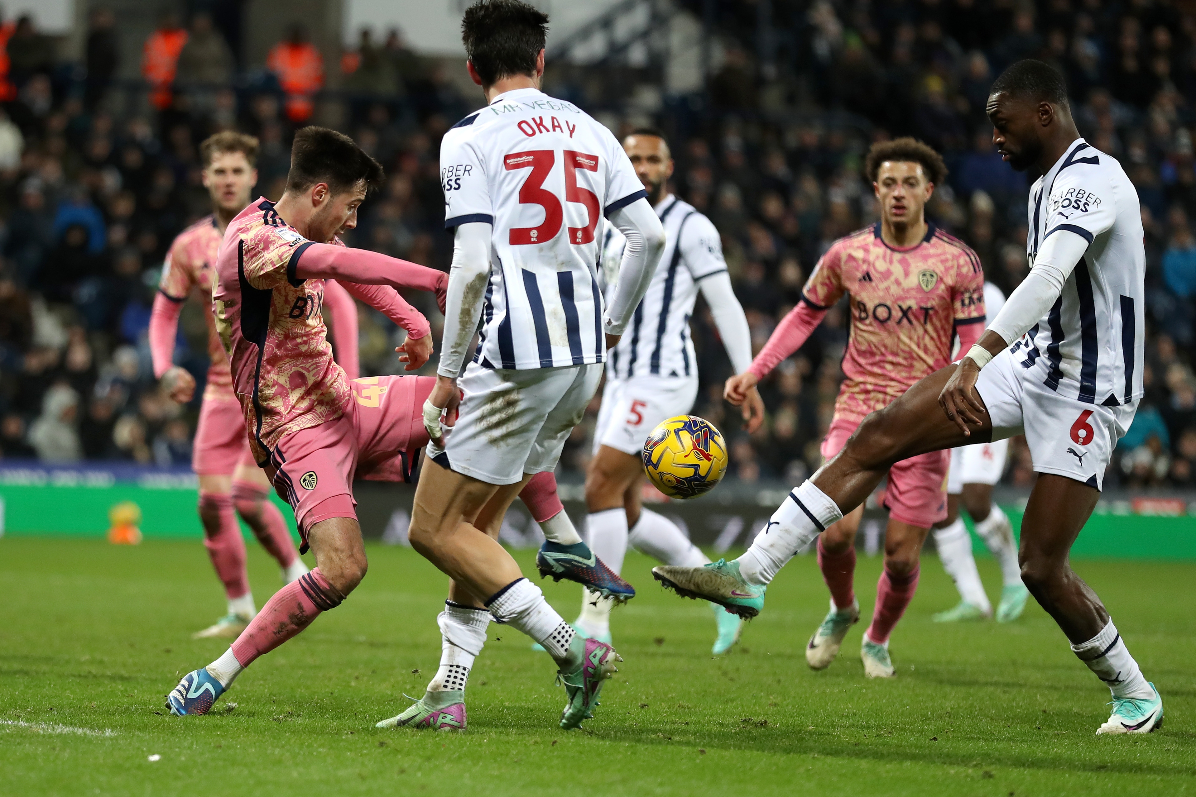 A goal-mouth scramble against Leeds