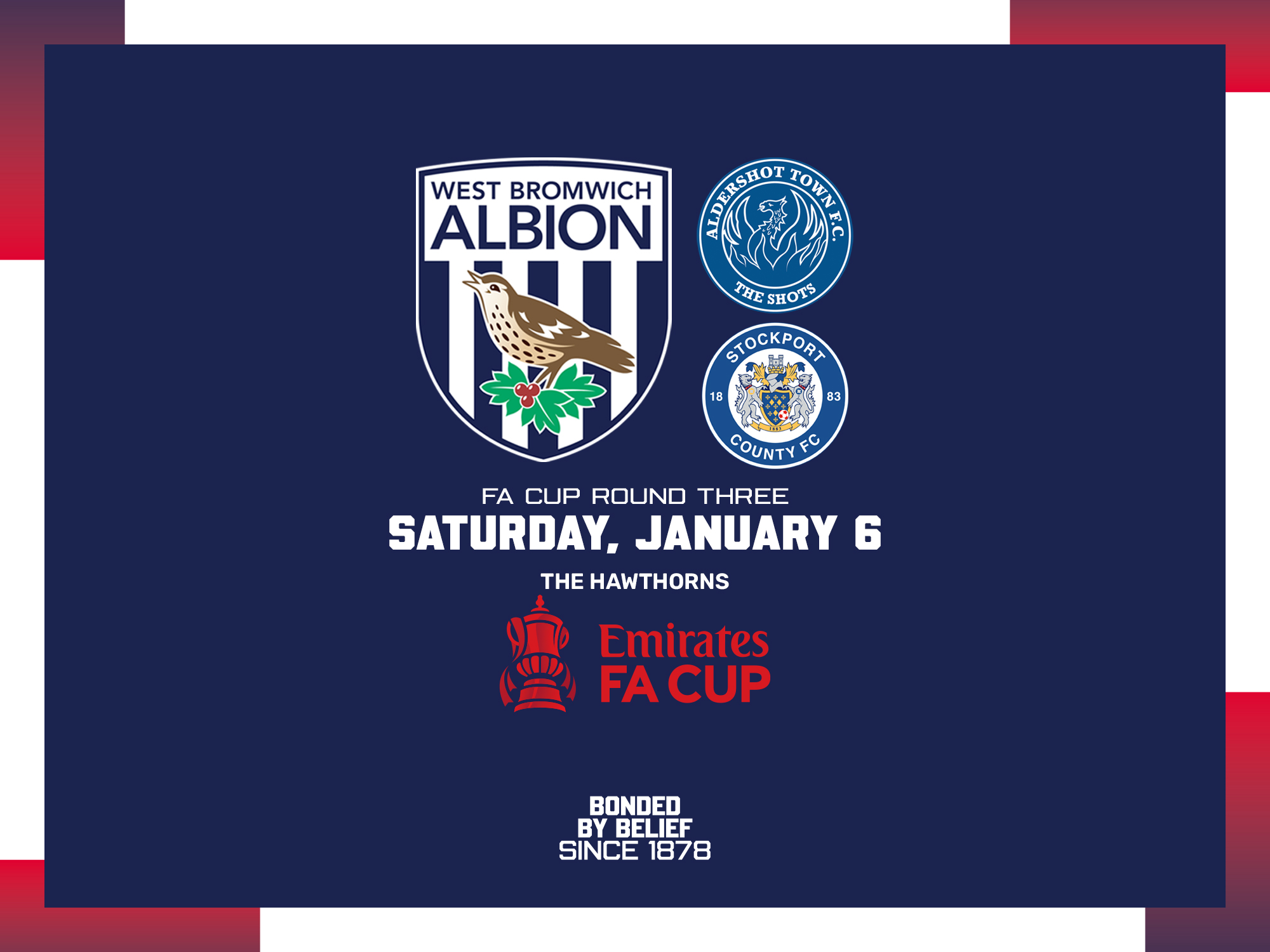 An graphic displaying information for Albion's Third Round FA Cup game against Aldershot or Stockport