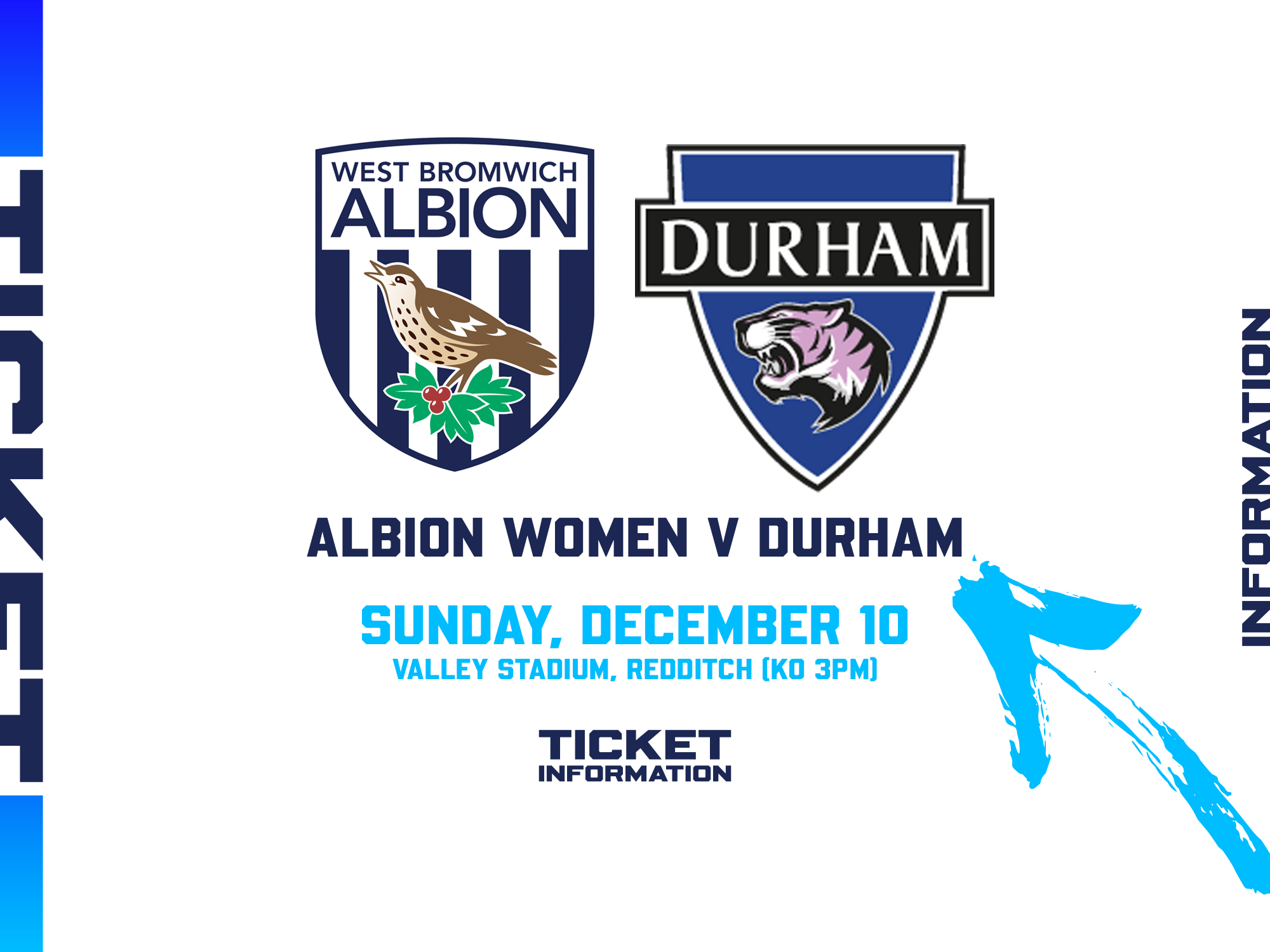 A ticket graphic displaying information for Albion Women's game against Durham
