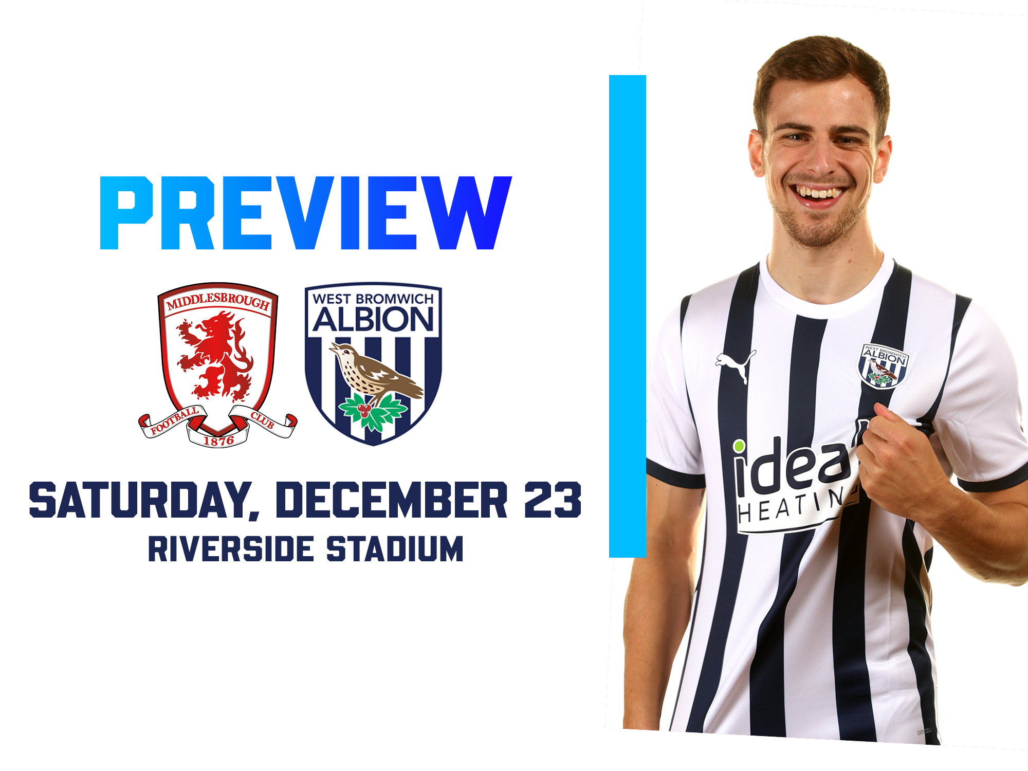 Middlesbrough and WBA badges on the home match preview graphic with an image of Jayson Molumby in the home shirt smiling and pulling on the badge