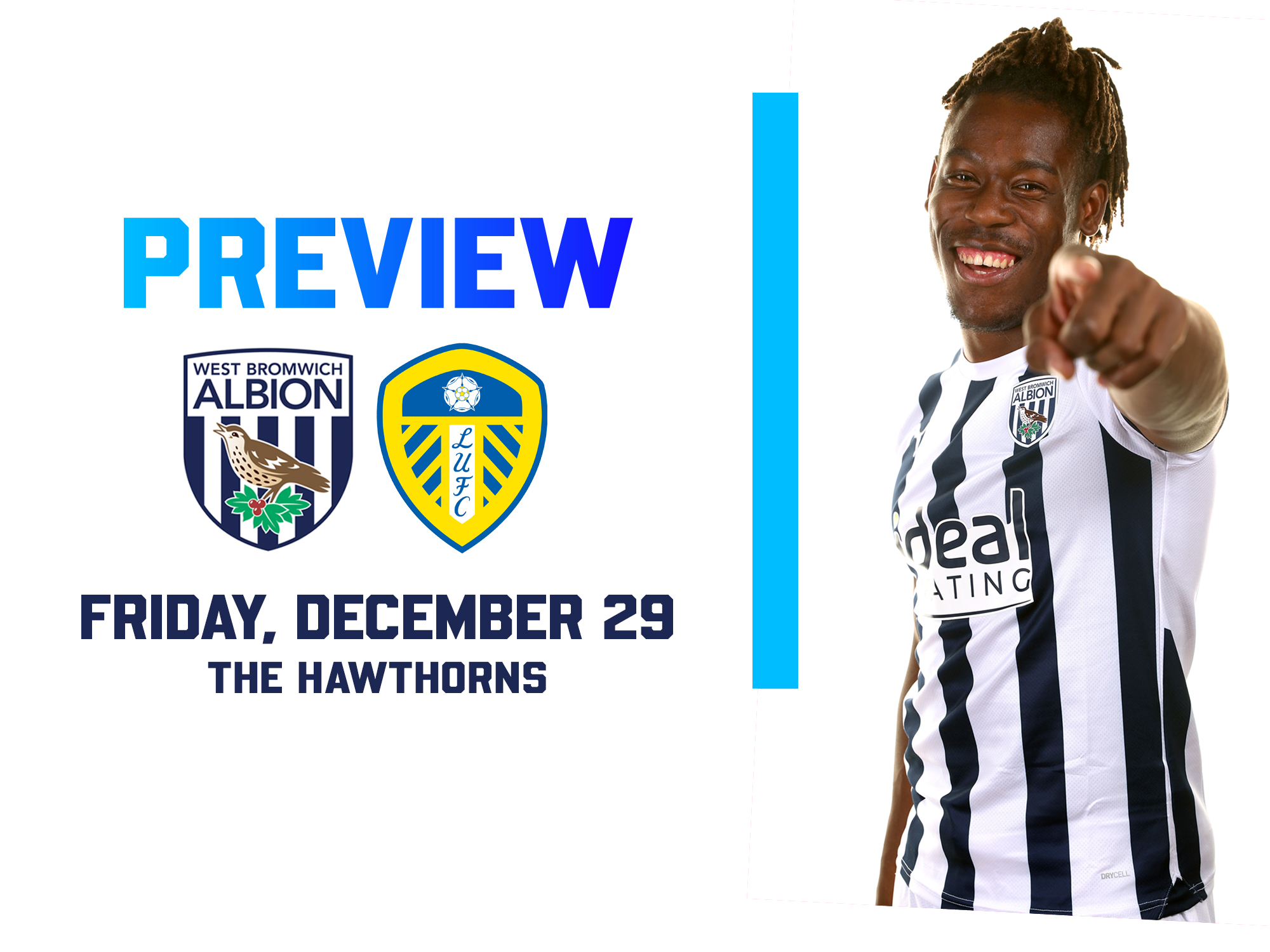WBA and Leeds badges next to an image of Brandon Thomas-Asante wearing the home shirt pointing at the camera and smiling 