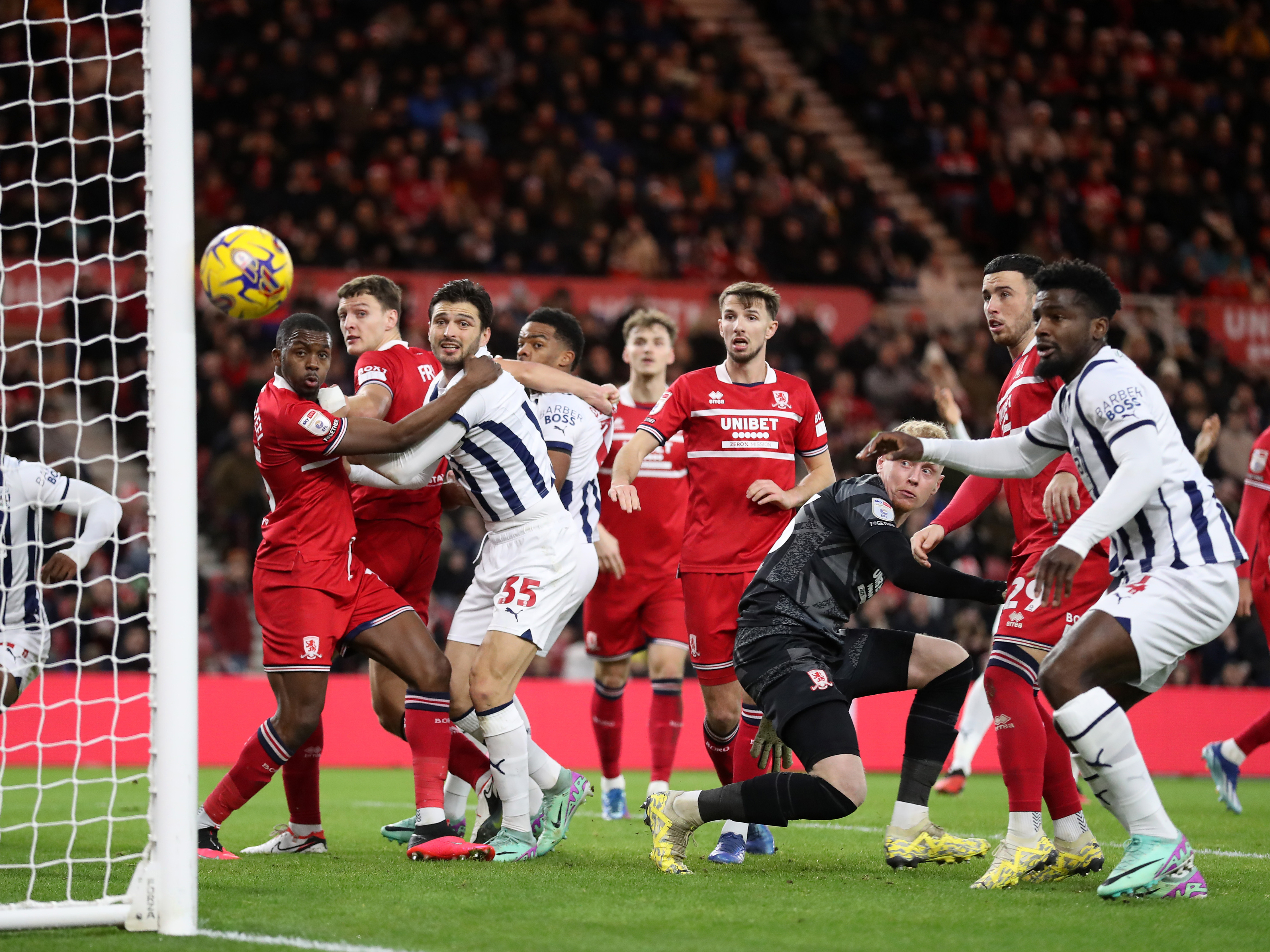 An image of Albion hitting the post
